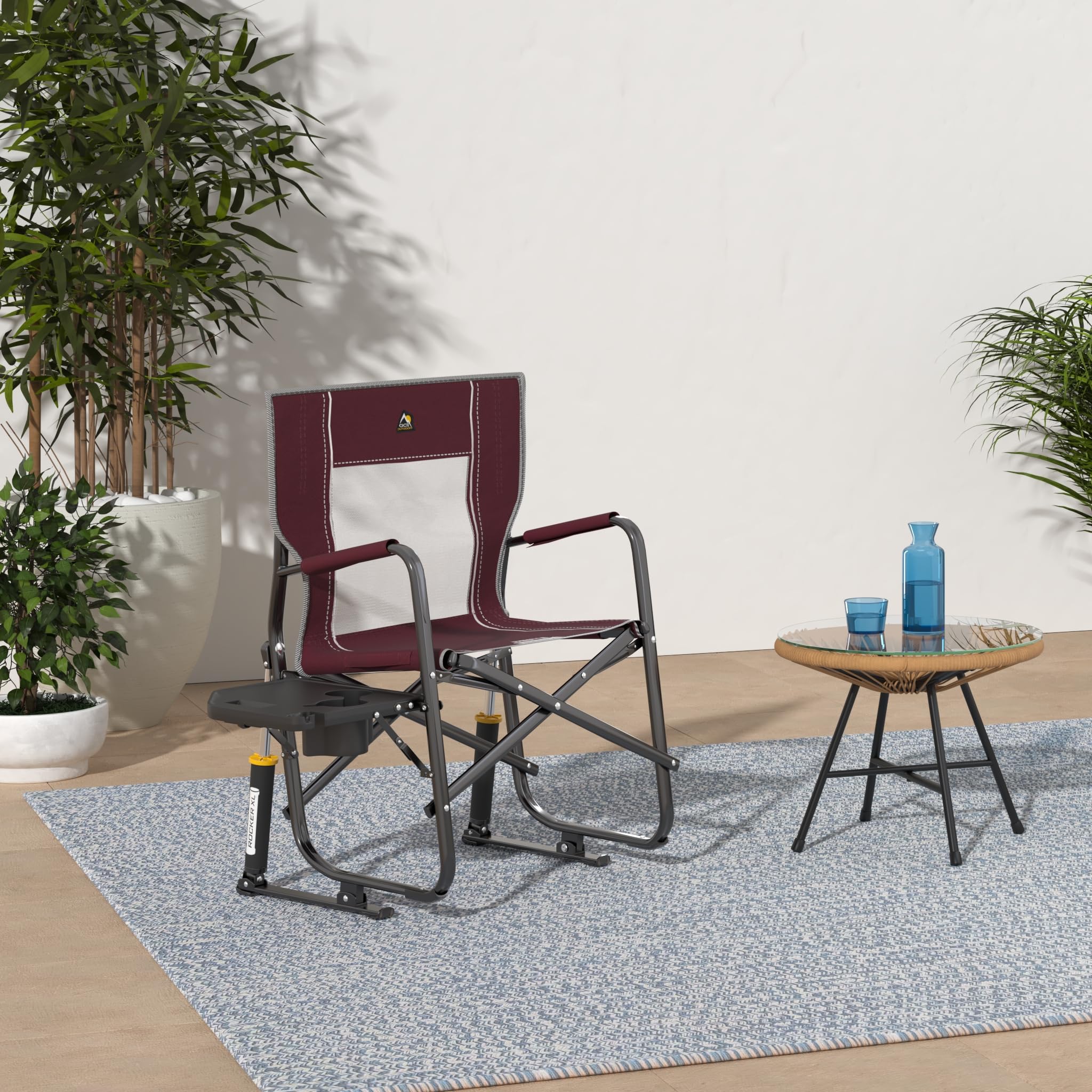 Freestyle Rocker XL GCI OUTDOOR with Side Table Camping Chair | Portable Folding Rocking Chair with Solid, Durable Armrests, Drink Holder & Comfortable Backrest — Red
