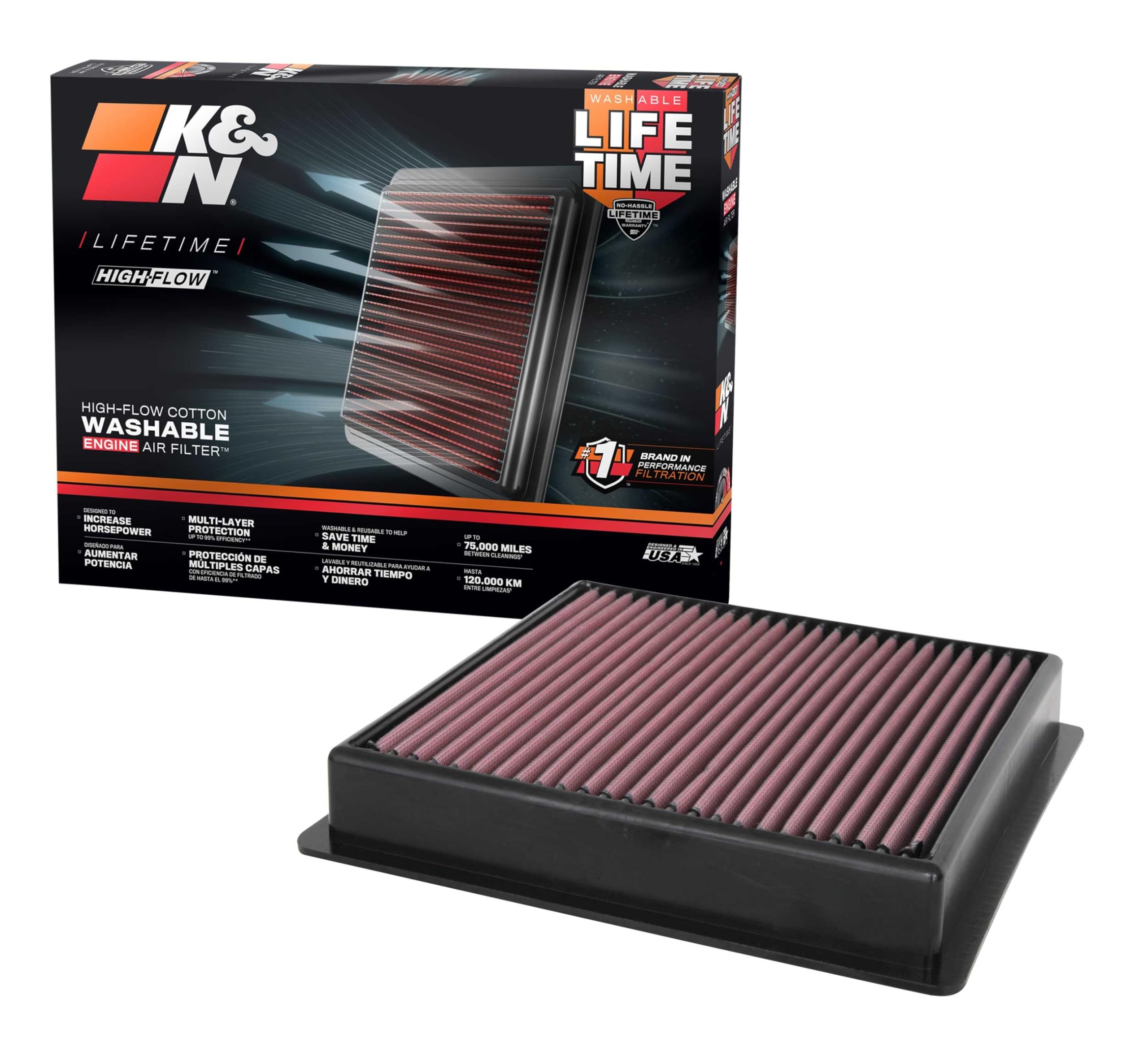 High-Flow K&N Original Lifetime Engine Air Filter: Increase Power: Premium, Washable: Compatible with 2020-2025 FORD: F250, F350, F450, F550, F600, 33-5100