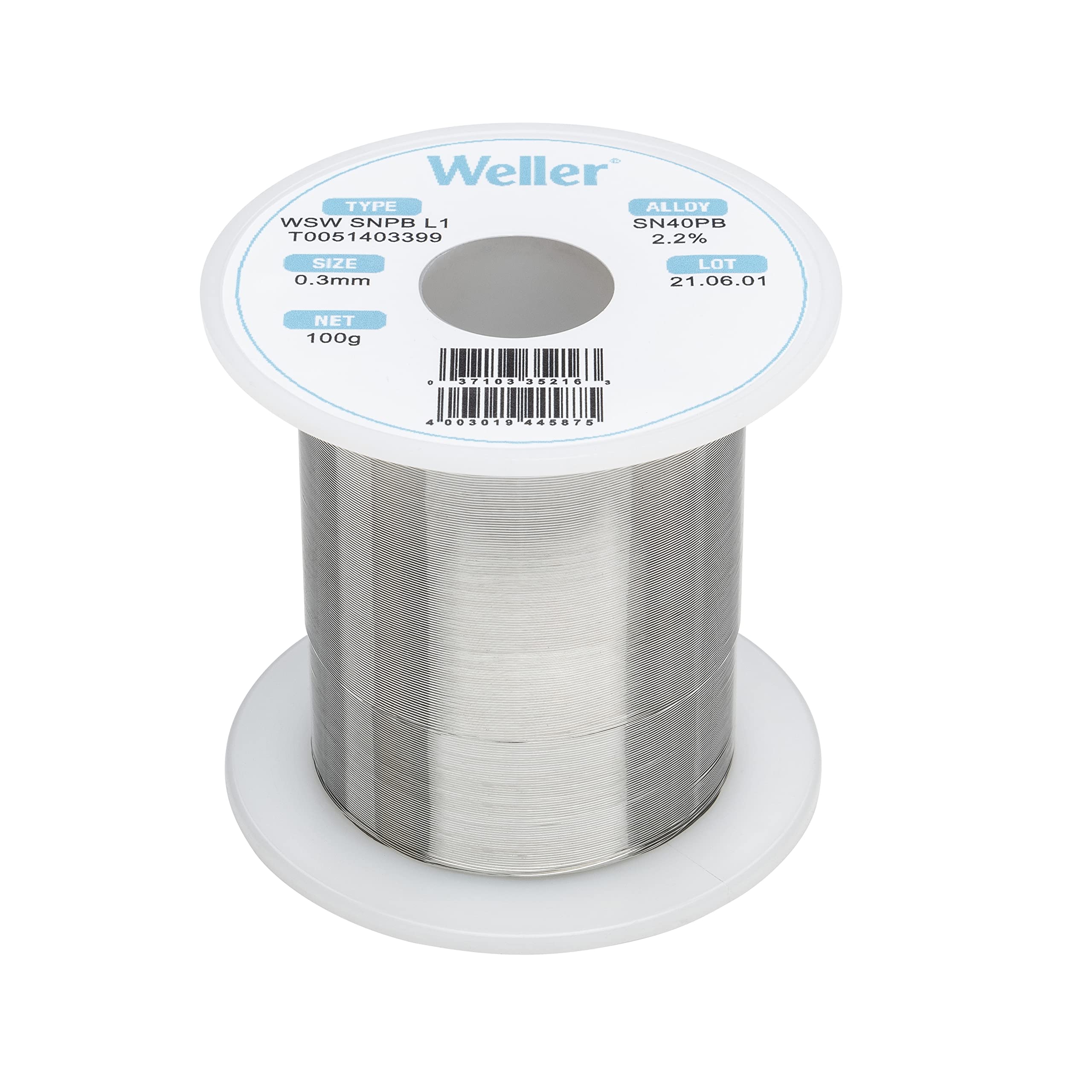 Weller Solder Wire WSW (T0051403399), Dia: 0.3 mm / 0.012 in, Wt: 100 g / 3.527 oz, Alloy Sn60Pb40, Flux content 2.2%