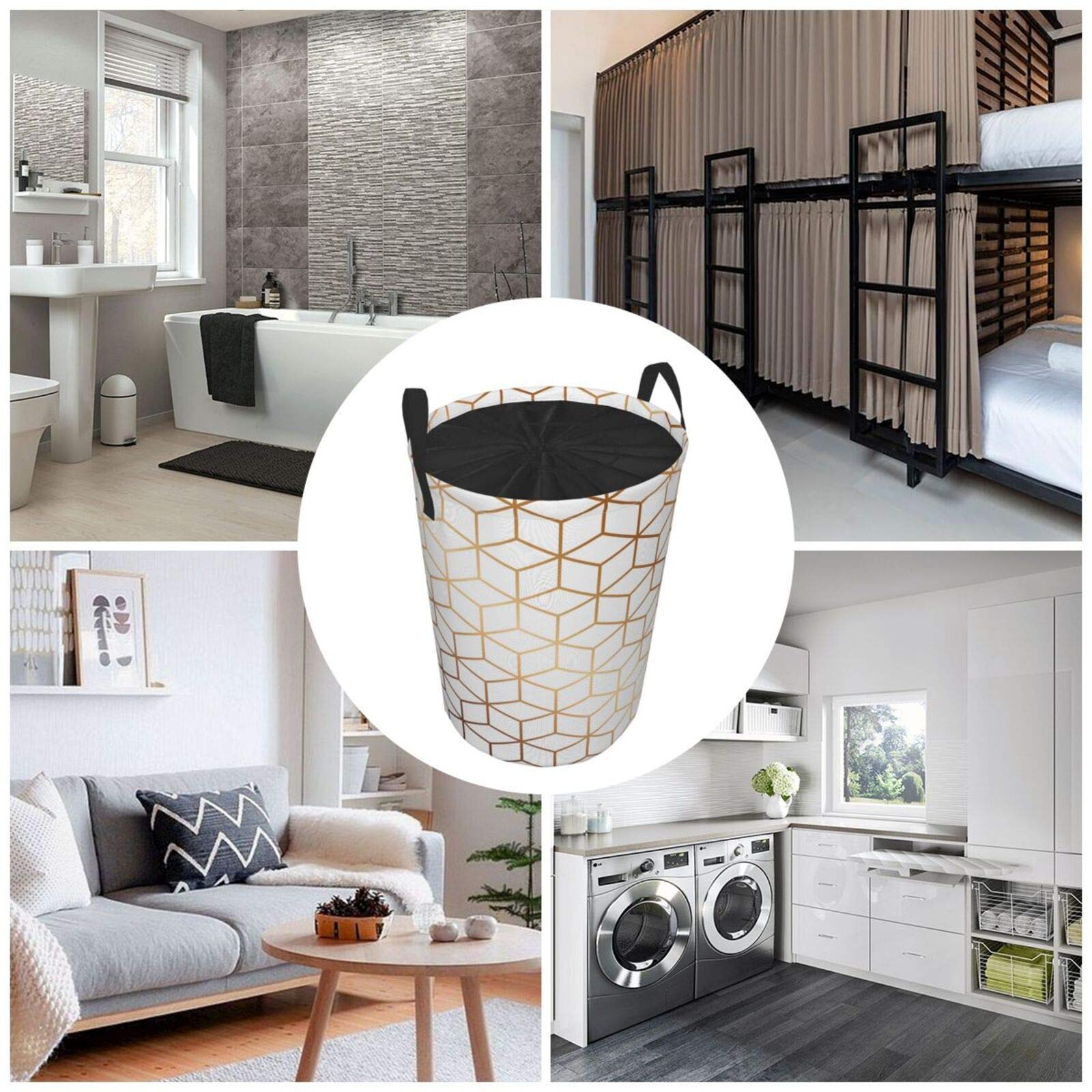 Marble Texture Large Storage Baskets, Pattern Design With Golden Cubes, Geometric, Drawstring Waterproof Round Collapsible Laundry Hamper for Dirty Clothes Toy Home Office 21.6"X16.5"