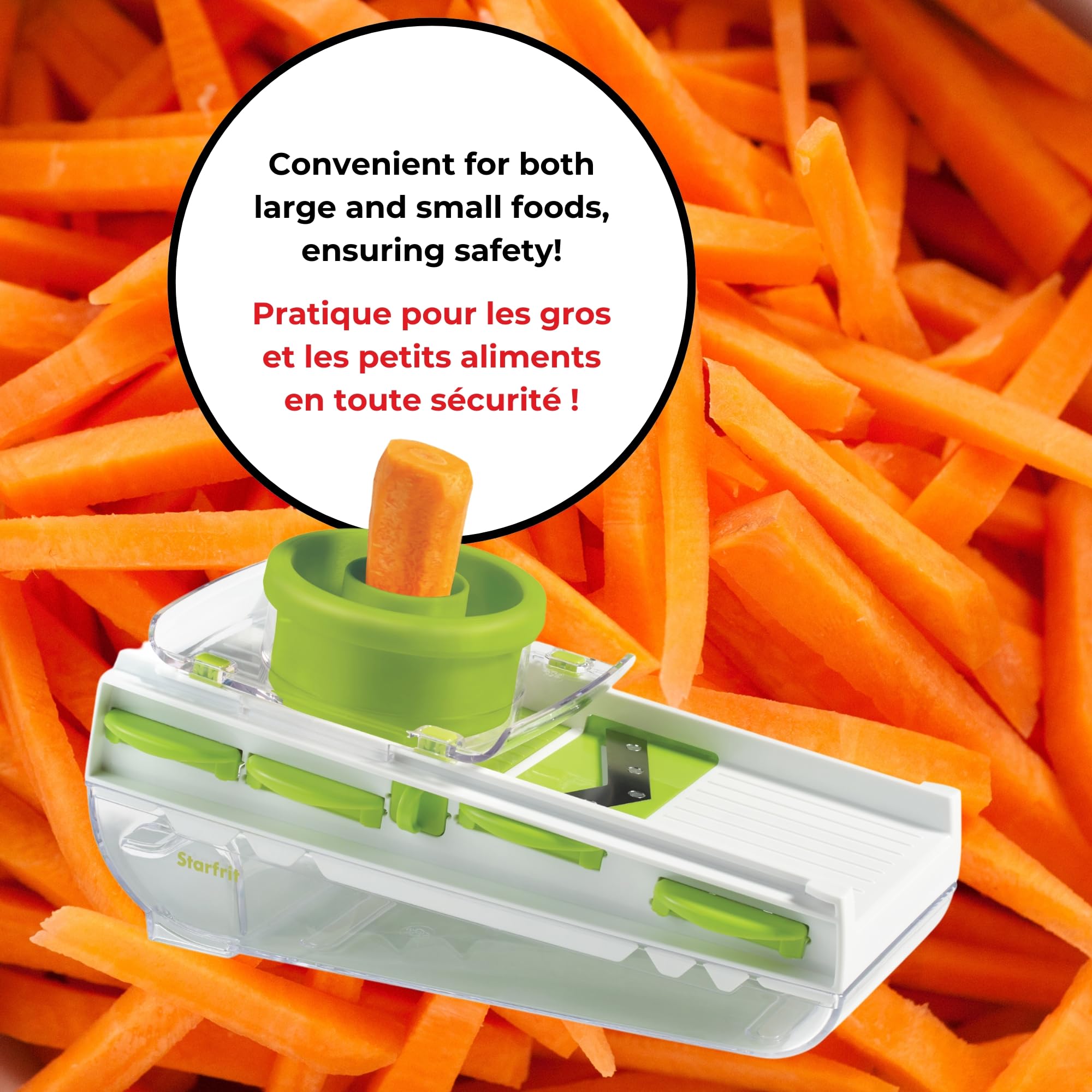 Easy Starfrit Mandoline Slicer, Dicer - 5-Blades and Graters - Straight & Crinkle Blades, Julienne, Grater & Shredder - Self-Feeding Pusher - Catch Base for Storage and Food Container