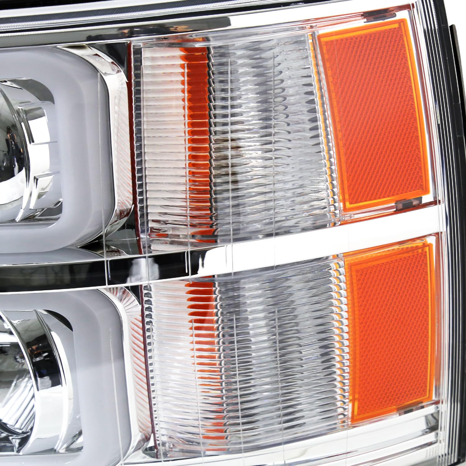 Chrome LED Tube Projector Headlights SPEC-D TUNING Compatible with 2007-2013 Chevy Silverado 1500, 2007-2014 Chevy Silverado 2500 HD 3500 HD, Left + Right Pair Headlamps Assembly