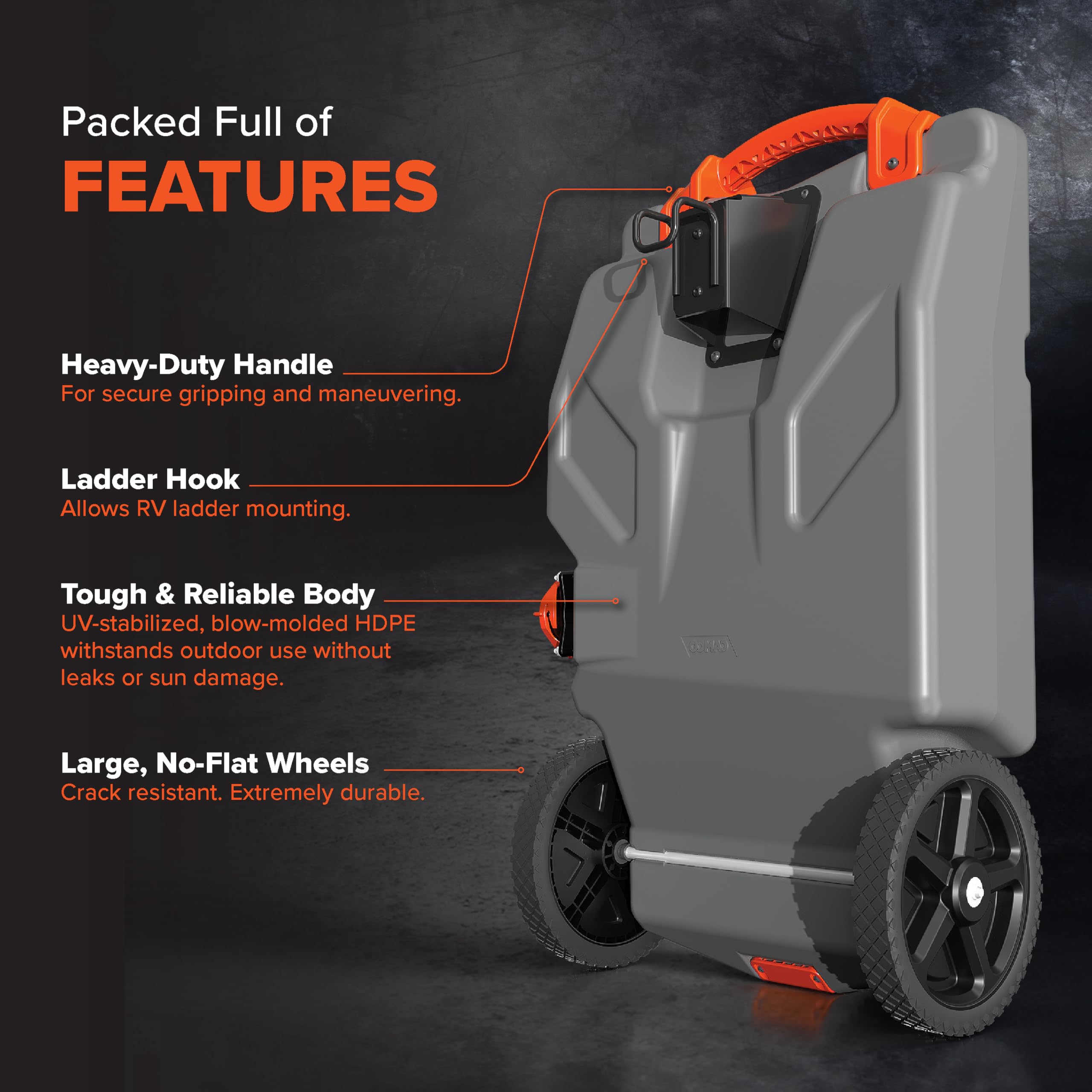 Camco 36-Gallon Rhino Camper/RV Tote Tank - Features Large Heavy-Duty No-Flat Wheels & Built-In Gate Valve - Removable Steel Tow Adapter, 3’ Sewer Hose & More RV Accessories (39006)