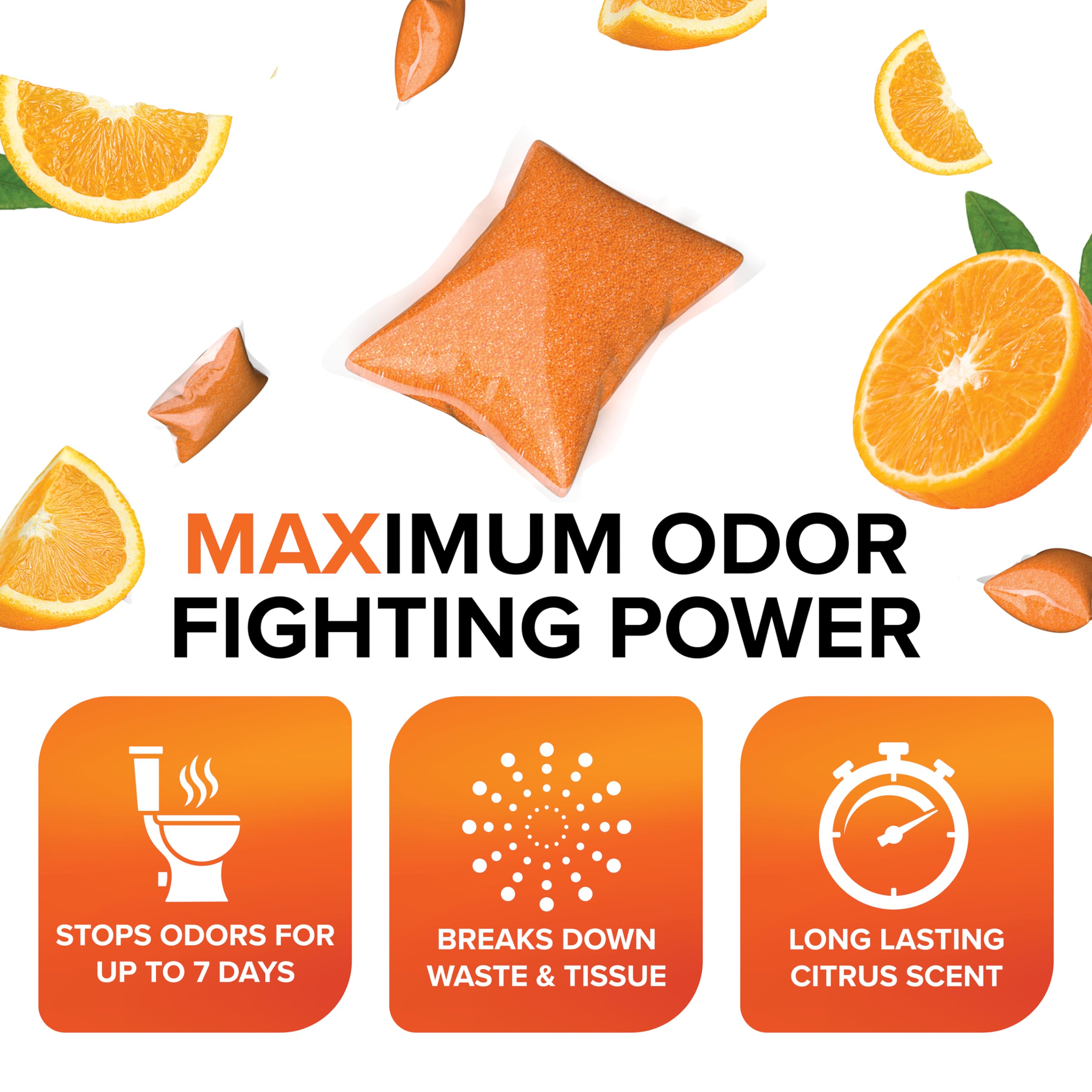 Camco TST MAX Drop-INs RV Toilet Treatment - Control Unwanted Odors & Break Down Waste and Tissue - Safe Septic Tank Treatment - Orange Scent, 30-Pack (41183)