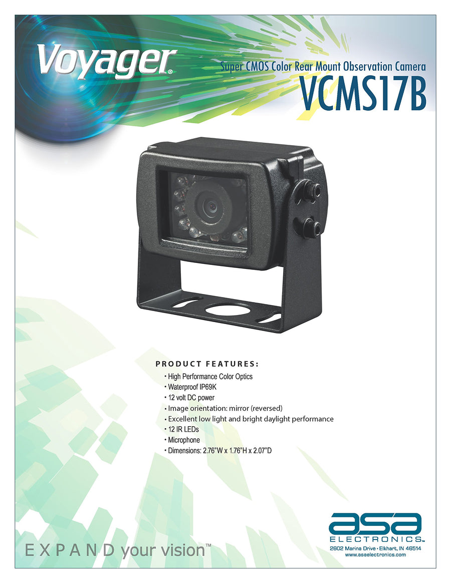 Super CMOS Color Voyager VCMS17B Rear Mount Observation Camera with LED Low-Light Assist, Built-in Microphone, Black