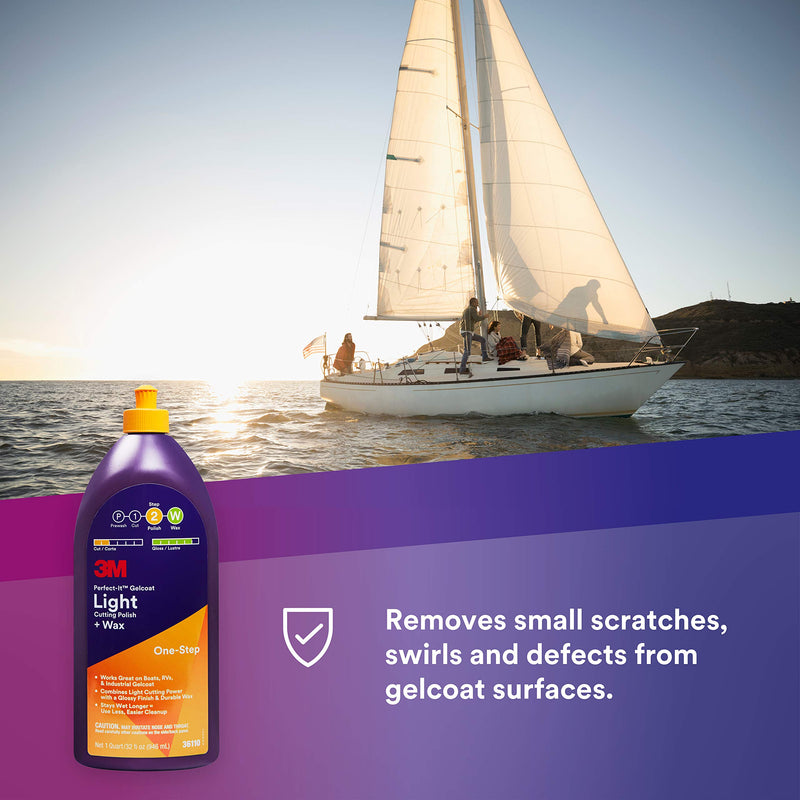 3M Perfect-It Light Cutting Gelcoat Polish + Wax, 36110, 1 Quart, One-Step Process, Removes Scratches and Swirls, Light Oxidation Remover for Boats and RVs