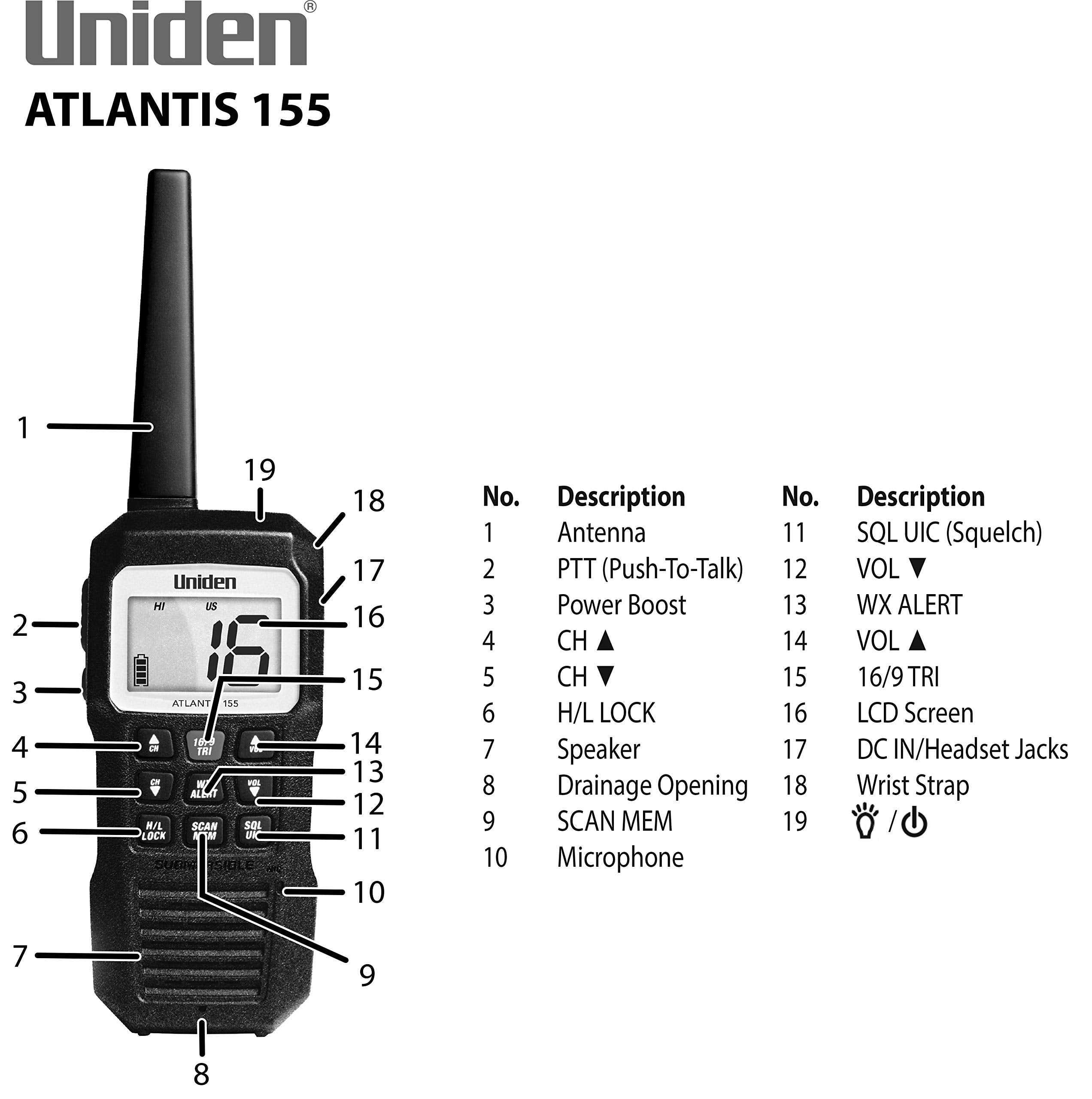 Atlantis 155 Uniden Handheld Two-Way VHF Marine Radio, Floating IPX8 Submersible Waterproof, Dual-Color Screen, All USA/International/Canadian Marine Channels, NOAA Weather Alert, 10 Hour Battery