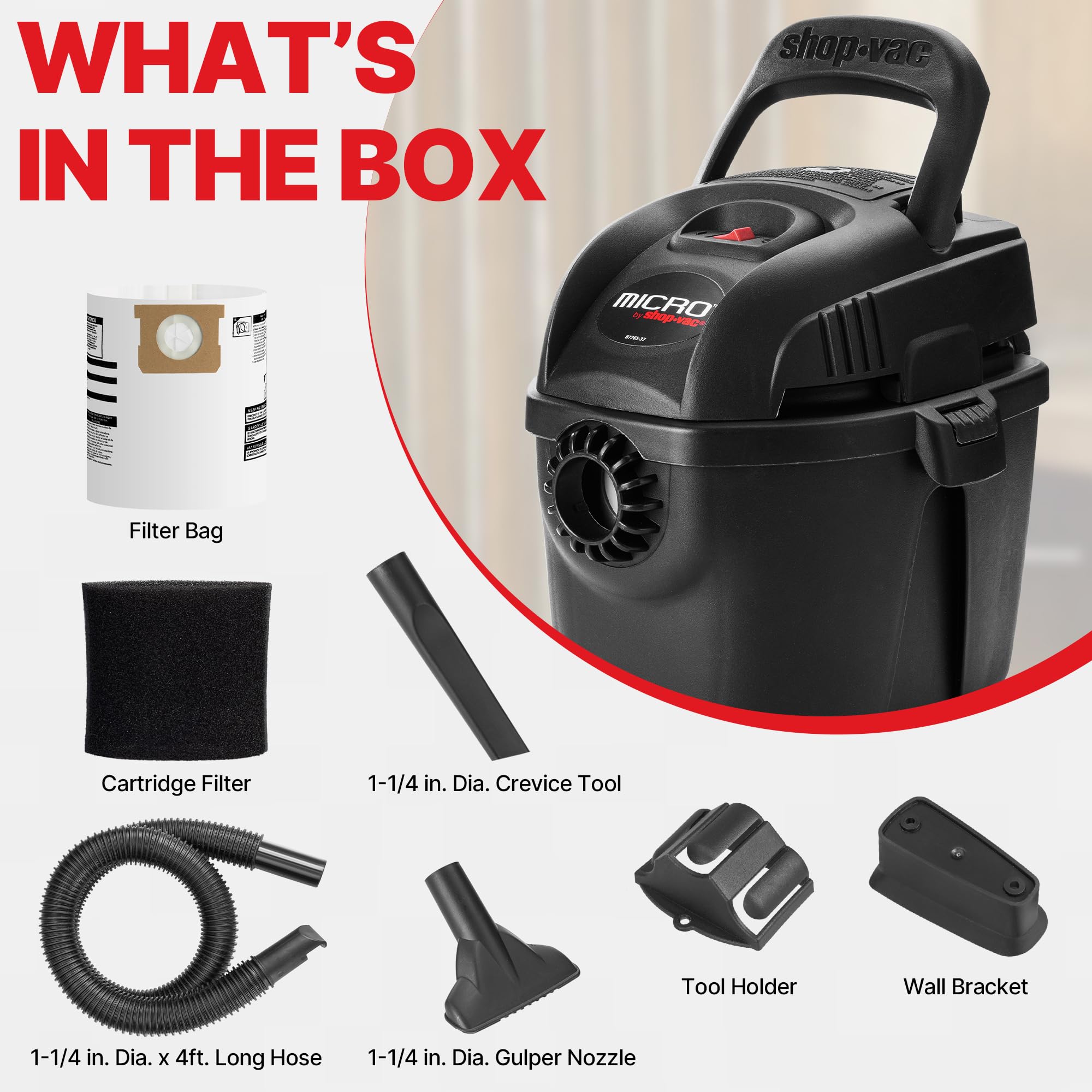 1 Gallon Shop-Vac Micro Wet/Dry Vacuum 2021005, 1.0 Peak HP, 1.25 Inch Diameter x 4 Foot Hose, 6 Food Cord, Lightweight And Portable, Quick Wet/Dry Pickup