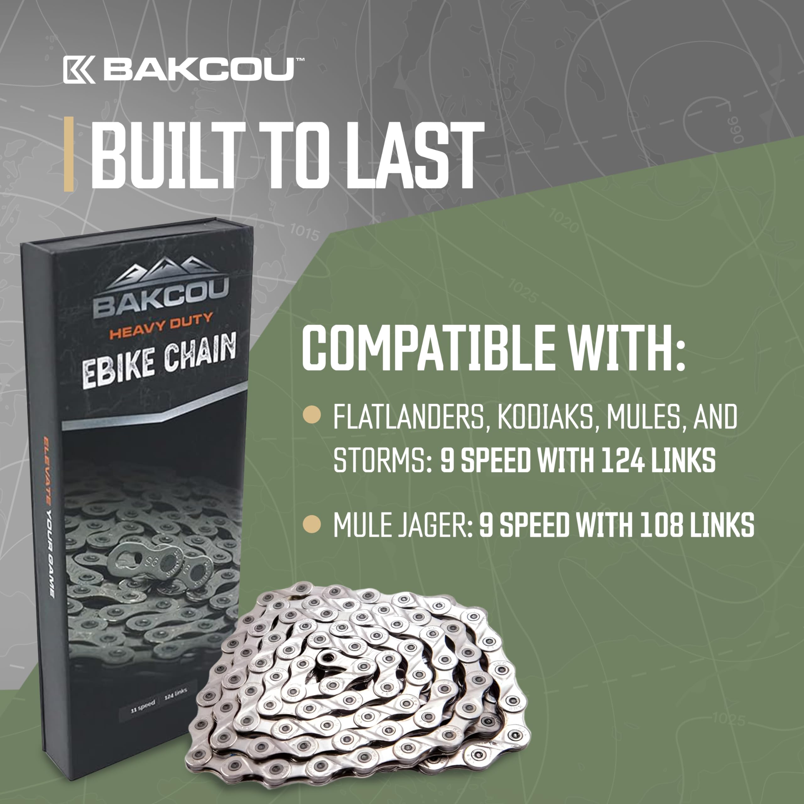 Heavy Duty Bakcou 9-Speed Ebike Chain - Ultra Durable X9 Chain for Electric Bikes, Fits Flatlander, Kodiak, Mule, Storm, Scout Models - 124 Link