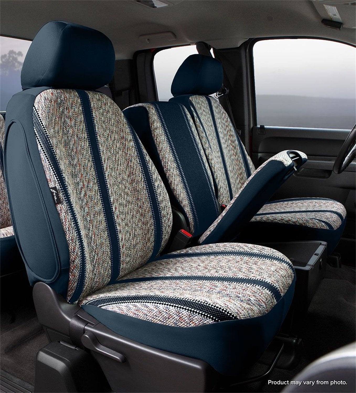 Fia Wrangler TR49-38NAVY Custom Seat Cover; Saddle Blanket; Navy; Front; Split Seat 40/20/40; Adj. Headrests; Airbag; Armrest/Storage w/Cup Holder; Cushion Storage; Incl. Head Rest Cover;