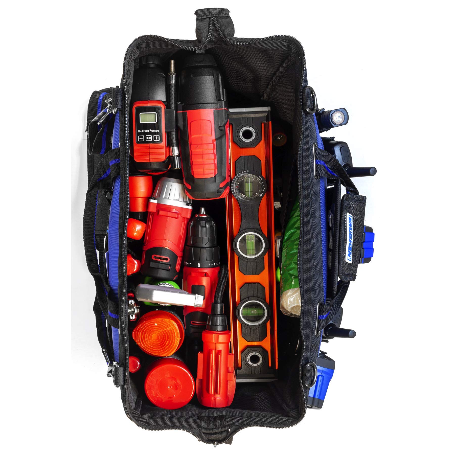 20 inch Vaughan Heavy Duty Wide Mouth Tool Bag 1680 Denier Polyester, 12 Pockets, 13 Tool Loops, Molded EVA Bottom, Carry Handles, Shoulder Strap, Carabiner Clip, 20 in. x 13 in. x 9 in. - 240158