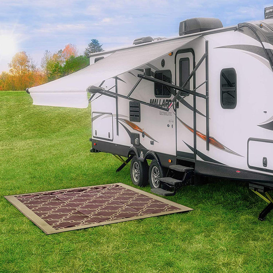 Camco Reversible Large Outdoor Patio Mat - Easy to Clean, Perfect for Picnics, Cookouts, Camping, and The Beach (9' x 12', Brown Lattice Design) (42857)