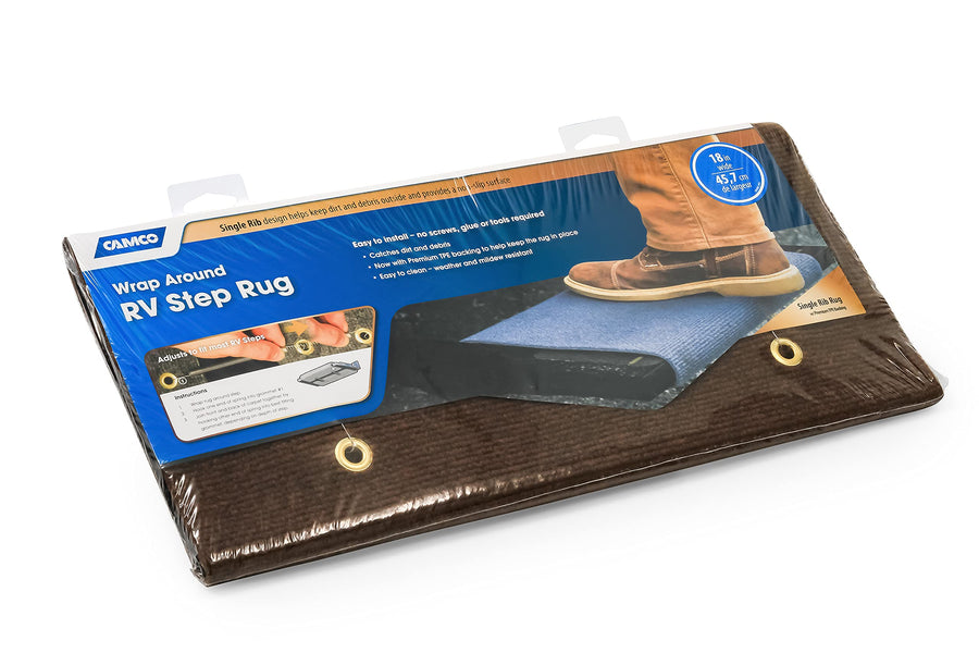 Wrap Around Camco RV/Camper Step Rug | Features Premium TPE Backing for More Grip on RV Stairs | No Tool Installation | Measures 17.5” x 18” (42906)