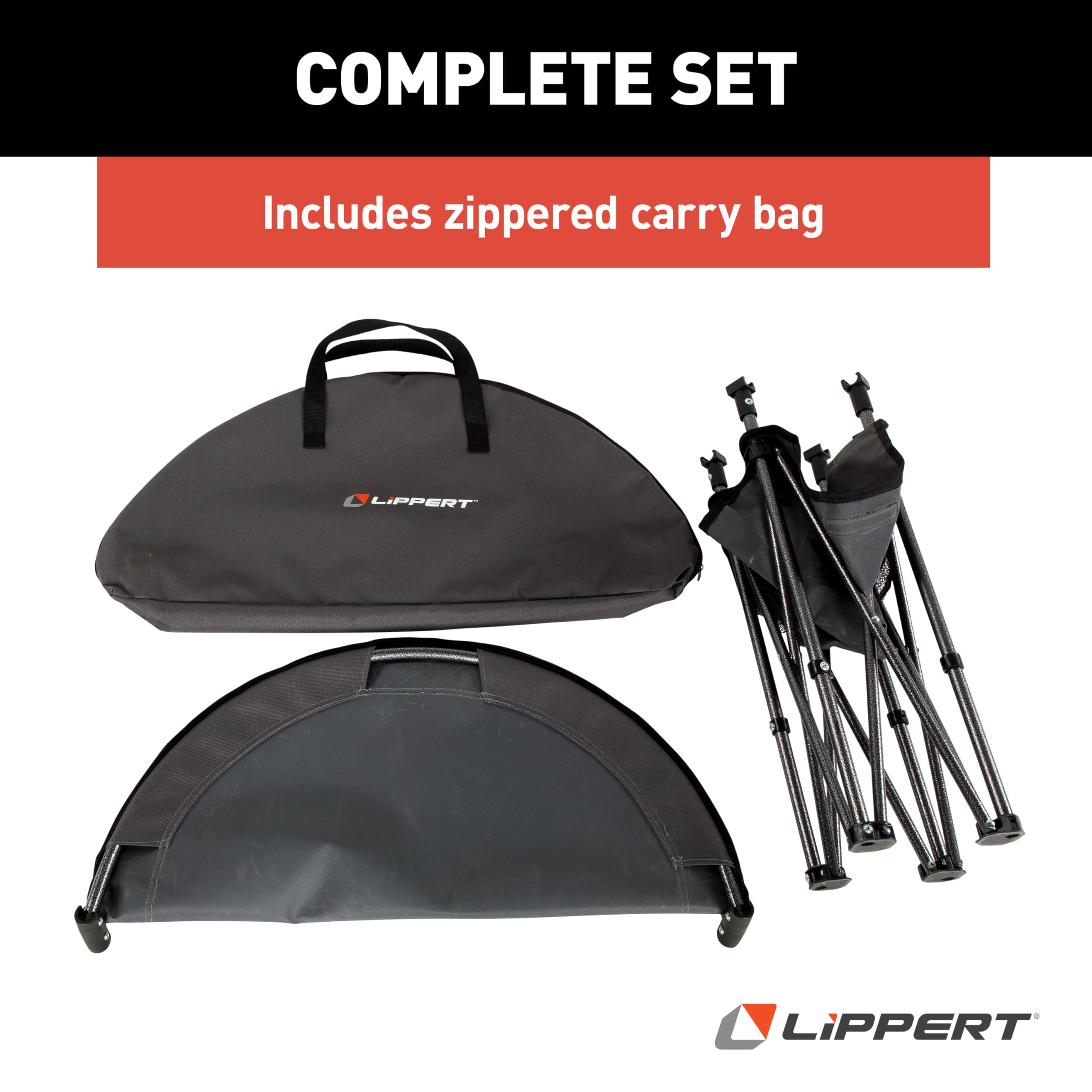Dark Grey Lippert Two-Tier Folding Camping Table with Dual Cupholders, 600D Polyester Fabric, Powder-Coated Steel Frame, Foldable Design, Lightweight Construction, Zippered Carry Bag - 2023053720
