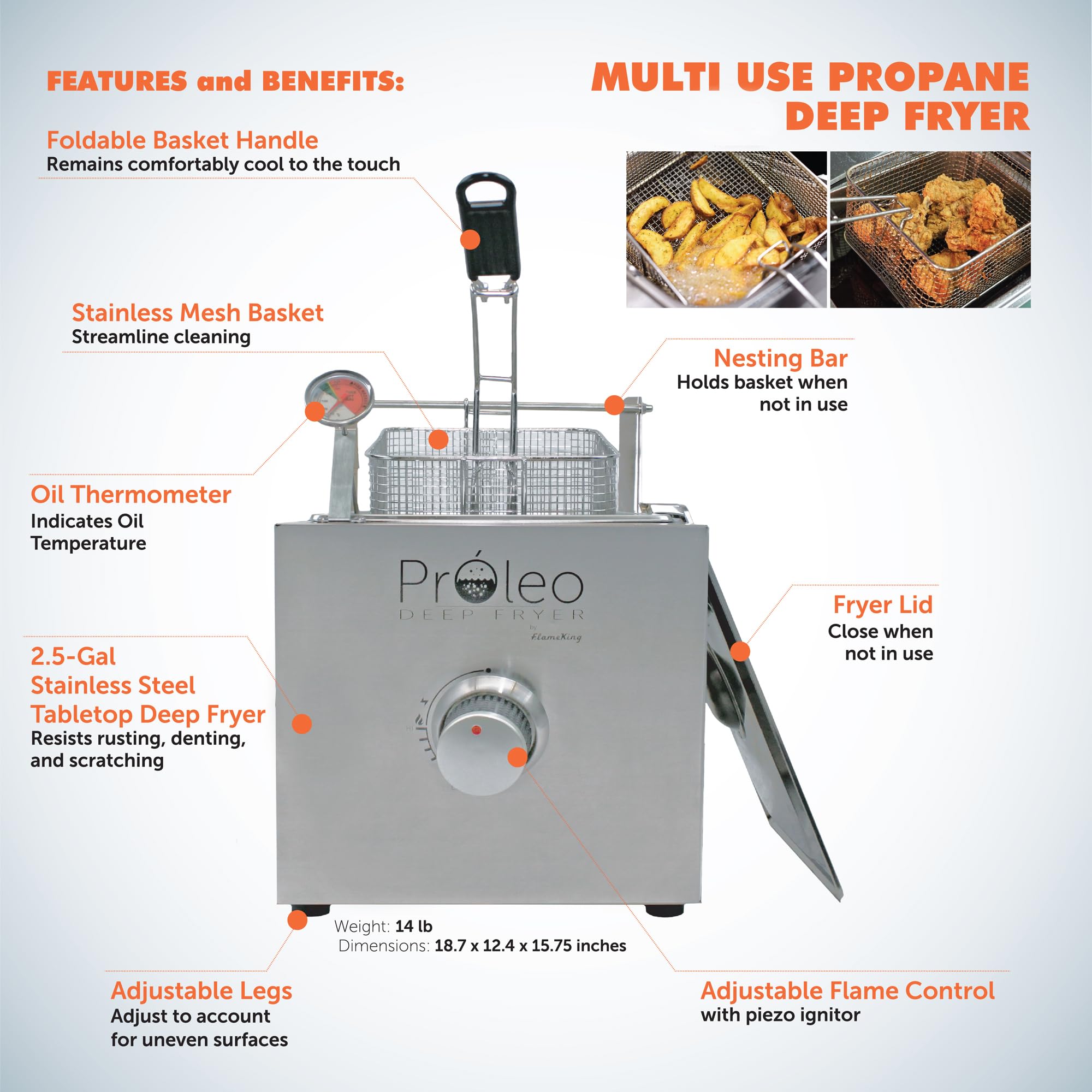 Proleo Flame King Tabletop Propane Deep Fryer with Oil Thermometer, 2.5 Gallons Capacity, with 5-FT Propane Regulator Hose