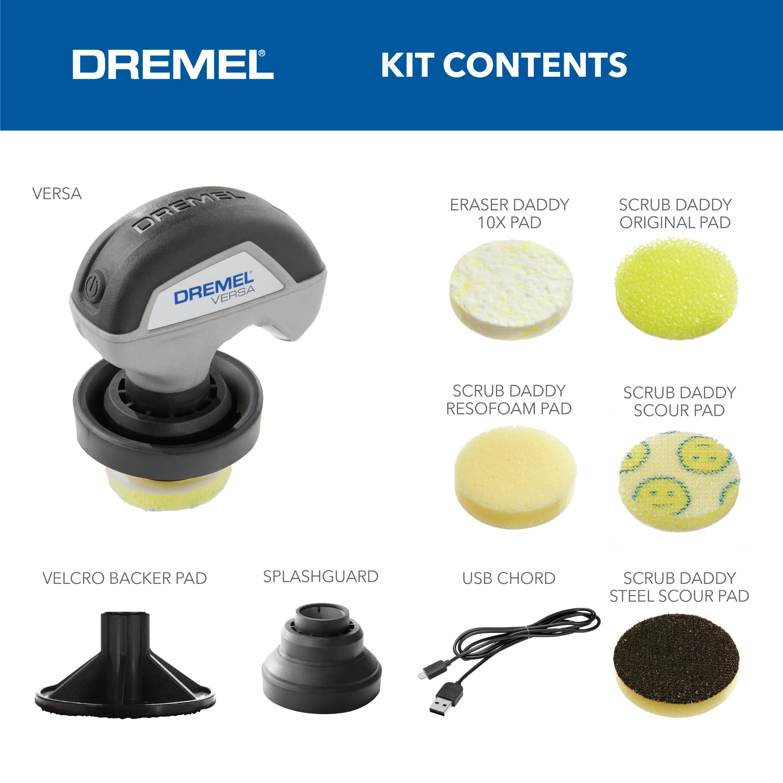 Dremel Power Scrubber Versa Kit with 5 Scrub Daddy Cleaning Sponge Pads - Waterproof Cordless Electric Spin Scrubber, High Speed, Multi-Surface Cleaning for Kitchen, Household, and Bathroom, PC10-07