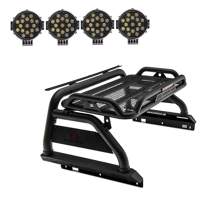 Atlas Roll Bar Black Horse incl. Pair of 7.0" Dia. Led Lights w/Black Trim Rings Compatible with 2019-2022 Ford Ranger-ATRB8BK-PLB