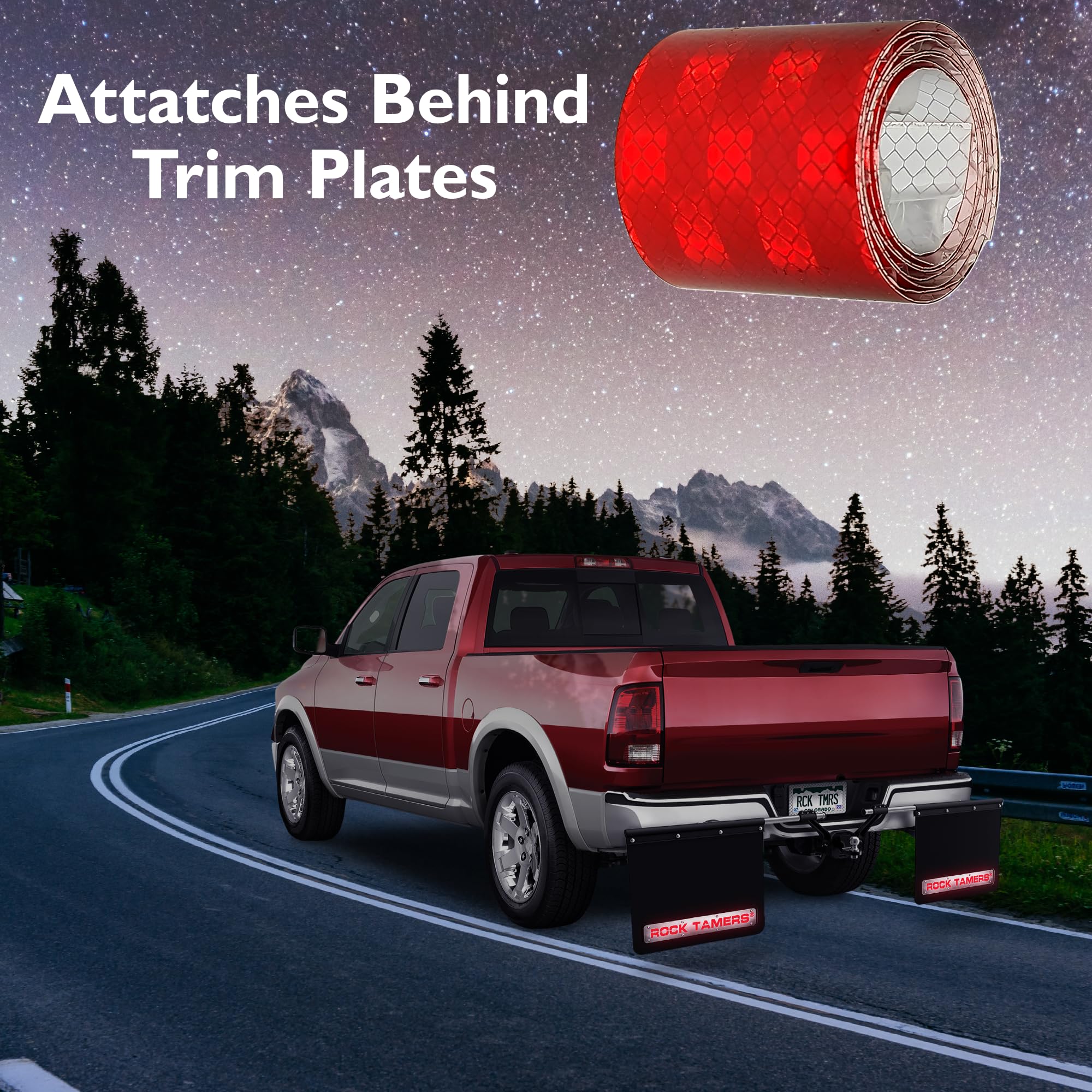 Reflective Tape Rock Tamers 2 Pack – 4 Red Diamond Pattern Safety Strips for Mudflaps and Trim Plates, Weatherproof PET Construction, Easy Installation (2 Strips, 19.7″ x 2″, in Each Pack)