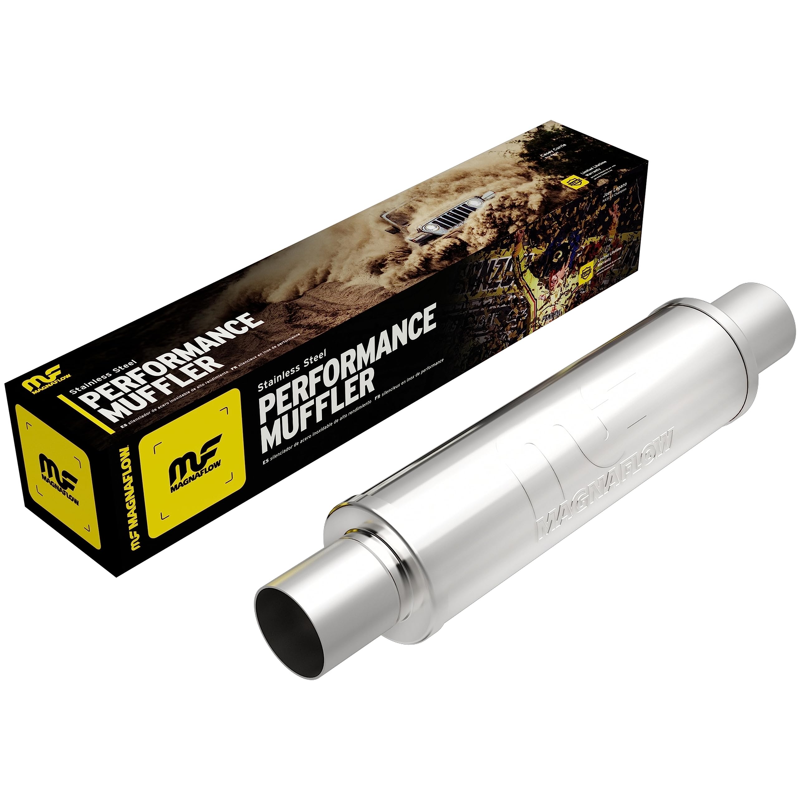 MagnaFlow Exhaust Performance Muffler 10416: 2.5"/2.5" Inlet/Outlet, 4x4x14" Round, Stainless Steel, Satin Finish