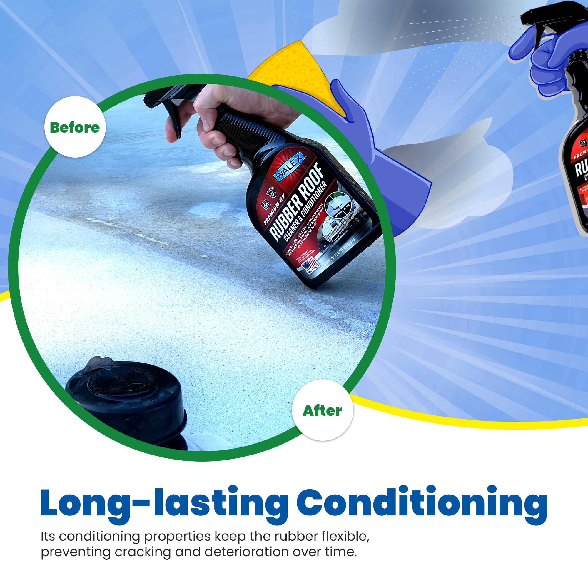 Walex Rubber Roof Cleaner/Conditioner RV - Removes Dirt, Road Grime, Tree Sap, Bird Droppings & More, Conditions RV Roof After Application; Great for RVs, Campers, Motorhomes, & Trailers, 1 Gallon