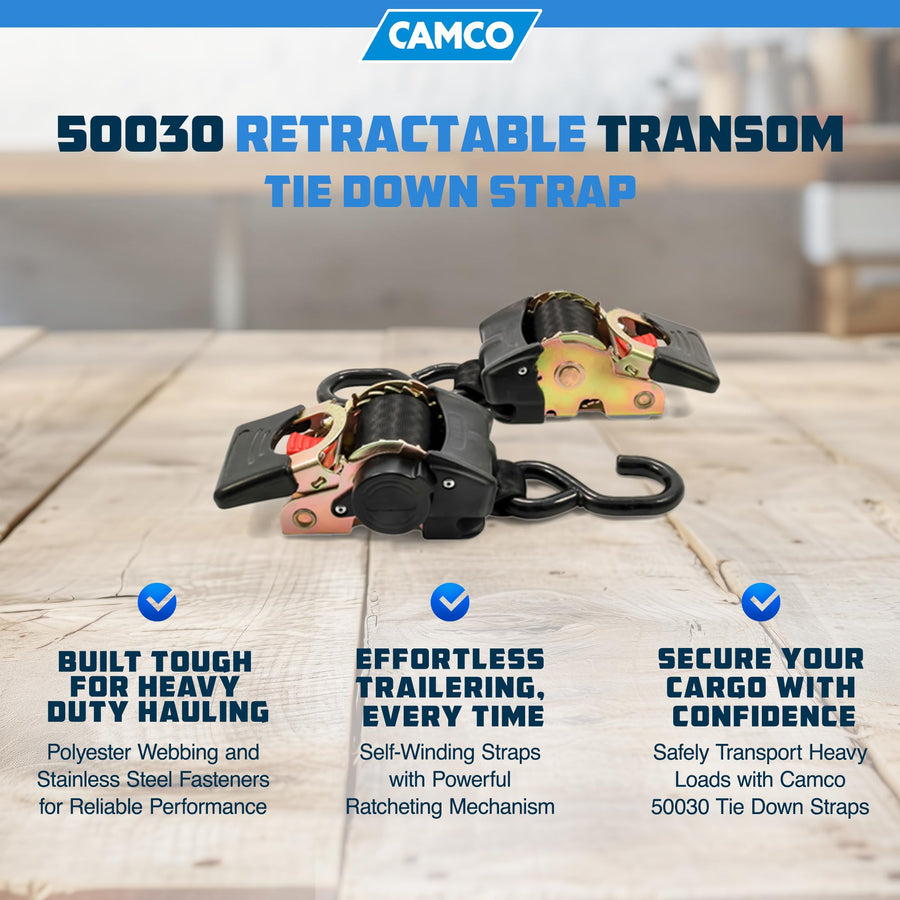 Retractable Camco 50030 Tie Down Strap (2” Width, 5.5’, Bolt-On), Black