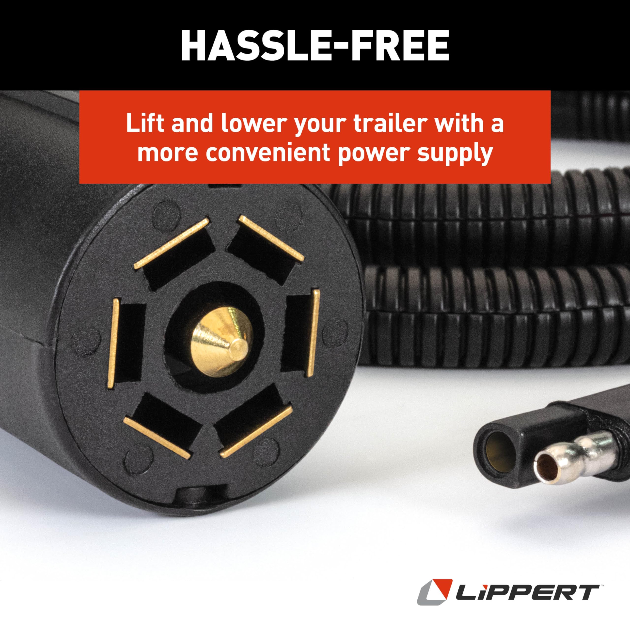 Power Swap Auxiliary Cord for Lippert Power Stance Tongue Jack, 6' long Cable, 2-Way to 7-Way Plug, Won’t Drain Your RV Battery, LED Lights for Nighttime Visibility, Emergency Manual Crank – 813749