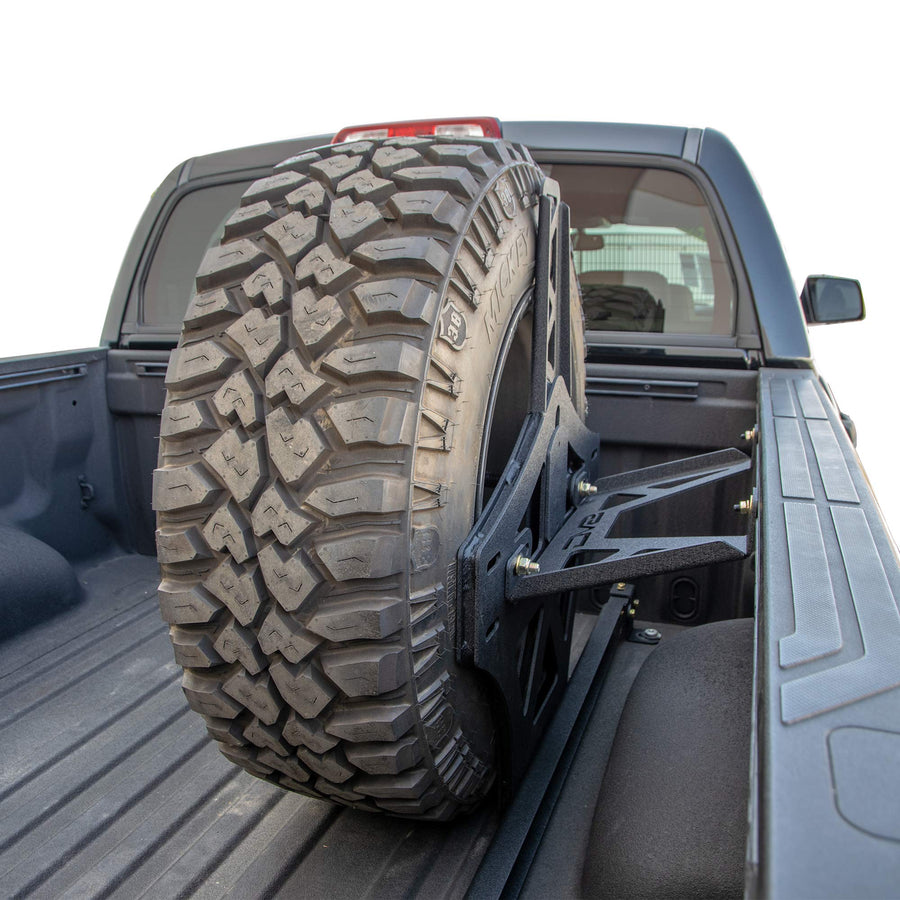 TCTT2-01 | DV8 Offroad Spare Tire Mount for 2007-21 Tundra | Vertical in-Bed Design | Accommodates up to a 40" Tire | Mounts Either Bed Rail | Powder Coat Finish