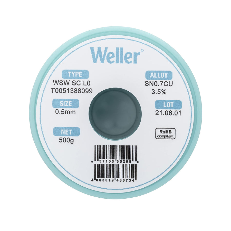 Weller SC WSW L0 (T0051388099) Lead Free Solder Wire, Dia: 0.5 mm / 0.020 in, Wt: 500 g / 17.637 oz, Alloy Sn99.3Cu0.7, Flux content 3.5%