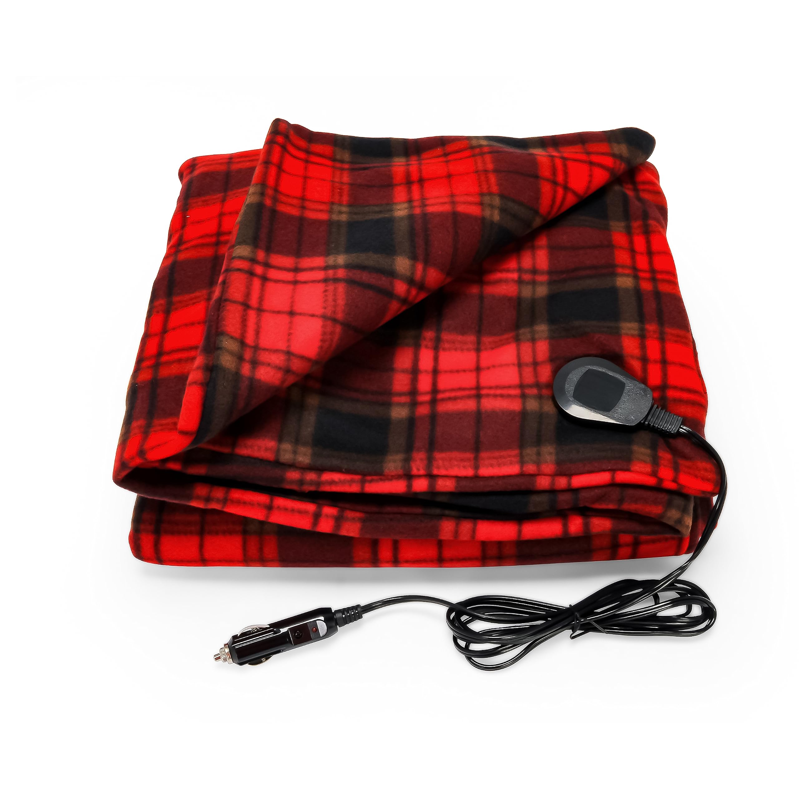 Camco Heated Travel Blanket & RV Car - Electric Blanket Features 7-Ft Power Cord Compatible w/Vehicle 12V Power Outlets - Measures 59” x 43” - Polar Fleece w/Red & Black Plaid Design (42804)