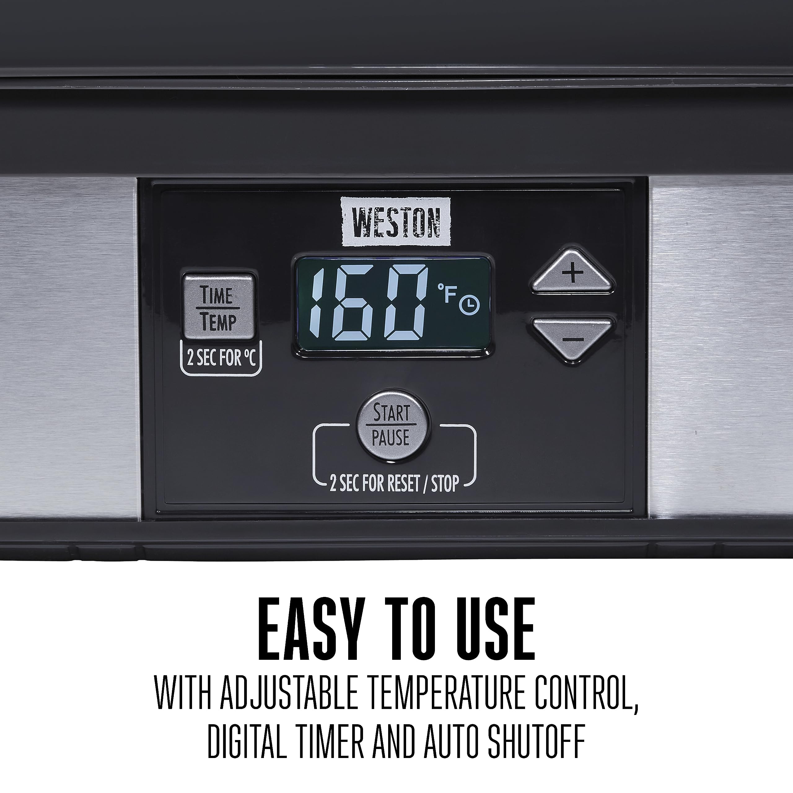 Weston food-dehydrator machine for Jerky, Meat, Fruit, Herbs, Vegetables, with Digital Temperature Control (100-160F), 6 Stackable Trays (7.4 sq. ft.), Black (75-0401-W)