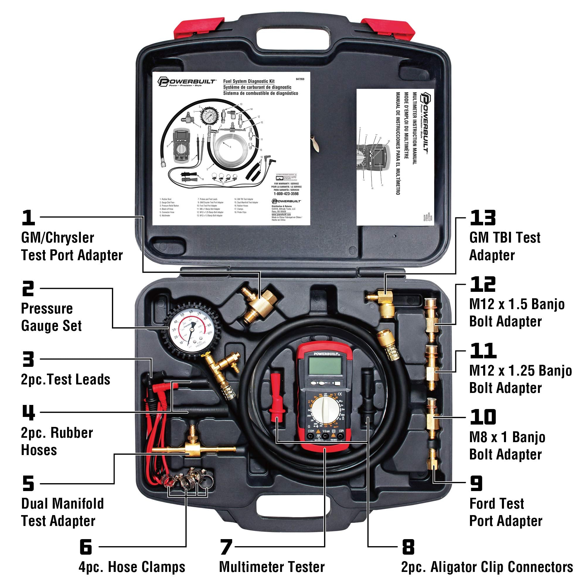 Powerbuilt Diagnostic Kit Fuel System, Pressure Test Gauge, Electrical Issues, Adapters, Test Leads, Multimeter, Storage Case - 647959