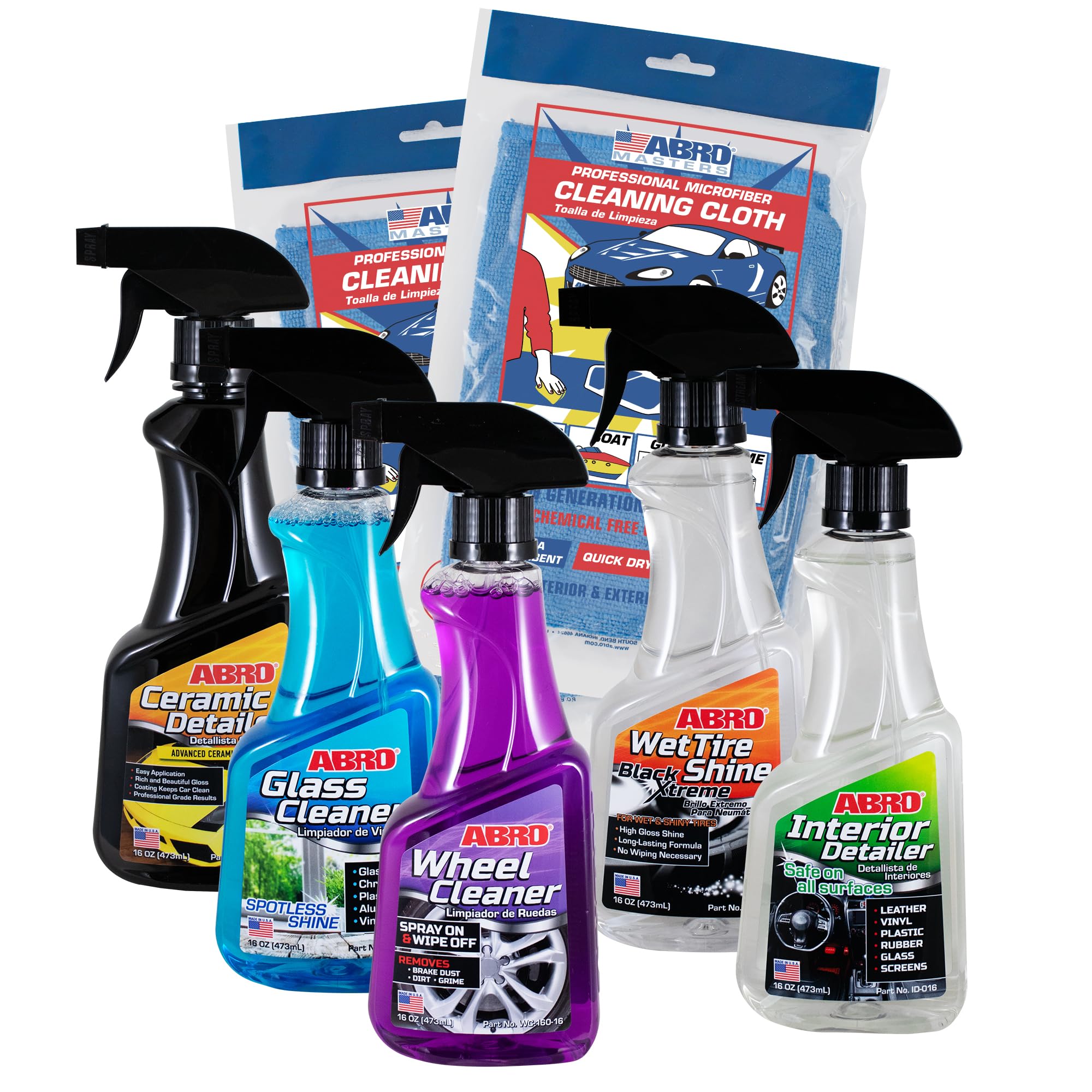 ABRO Car Detailing Kit Professional Grade, Includes Streak Free Glass Cleaner, Wheel Cleaner, 2 Mircofiber Cleaning Towels, Interior & Exterior Wash