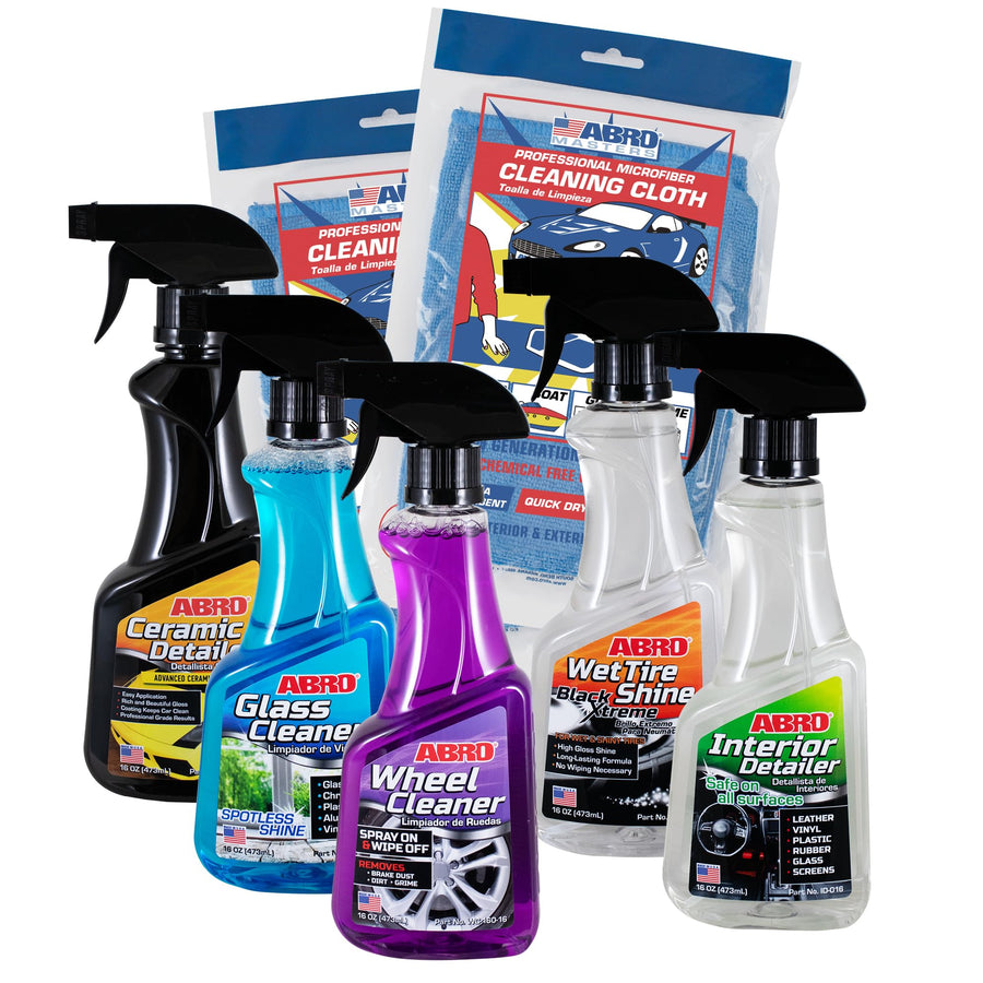 ABRO Car Detailing Kit Professional Grade, Includes Streak Free Glass Cleaner, Wheel Cleaner, 2 Mircofiber Cleaning Towels, Interior & Exterior Wash