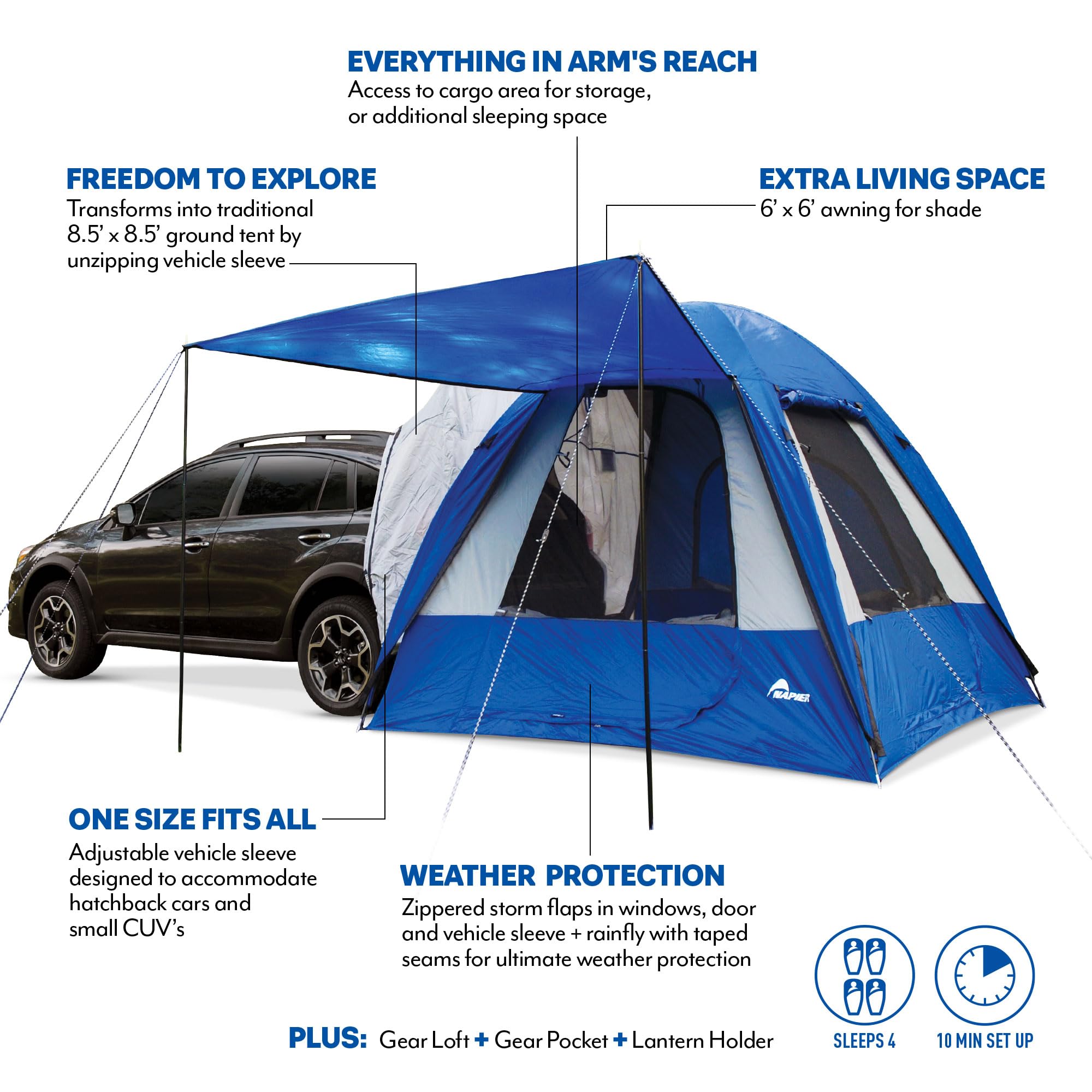 Sportz Napier Hatchback and Small CUV Tent 8'x8' Waterproof Camping Tent with Awning 4 Person Blue/Grey Car Tent