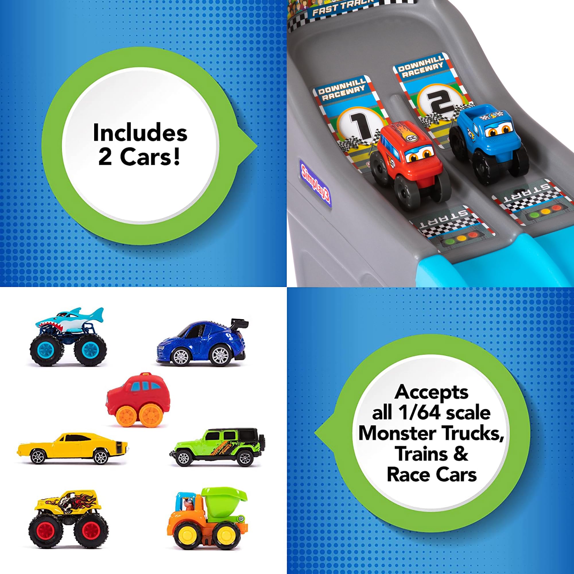 Simplay3 Downhill Raceway Fast Track, Dual Racetrack for Kids Cars for Toddlers, 2 Toy Race Cars Included, Made in USA