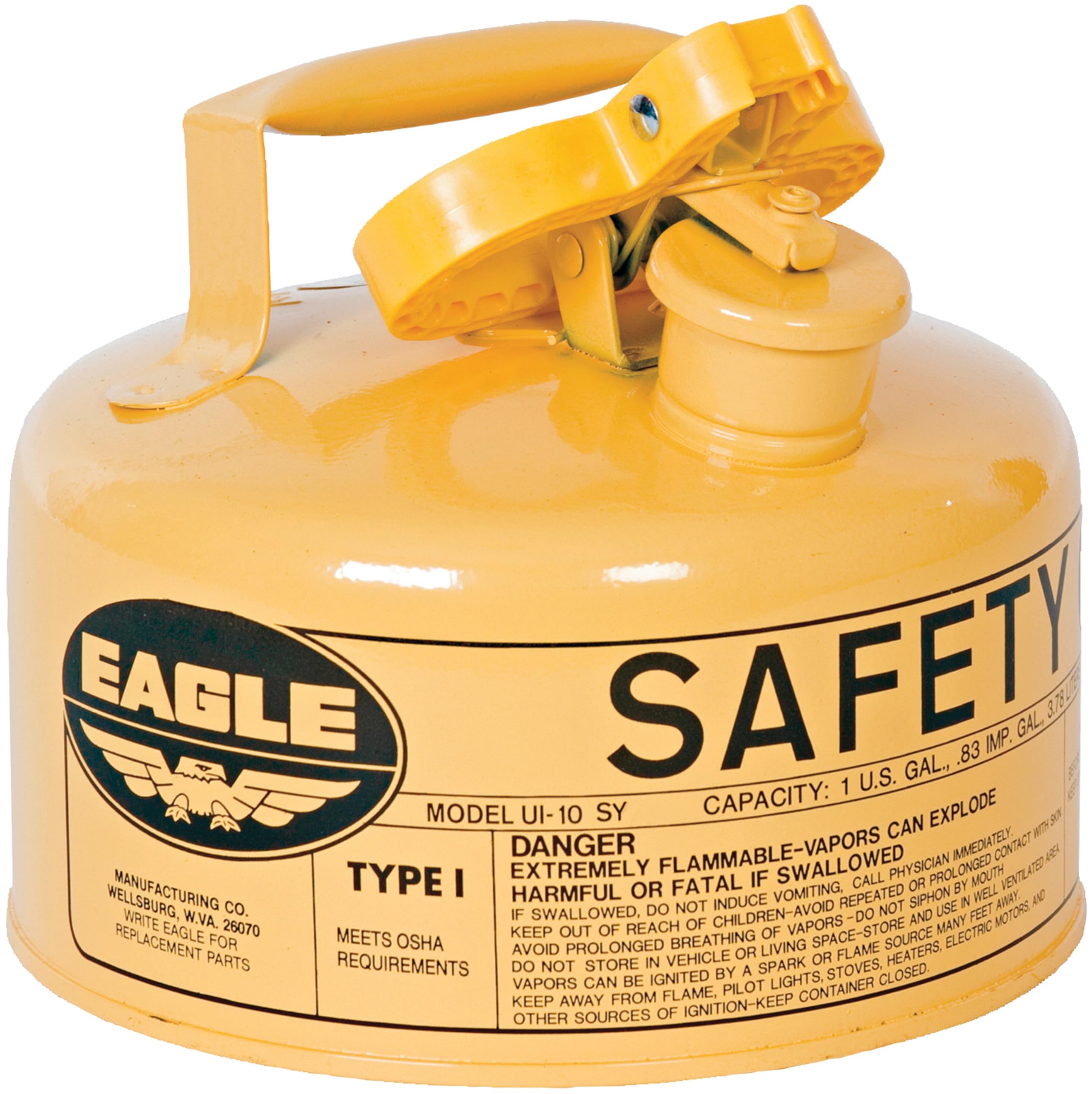 Eagle 1 Gallon Yellow Type I Safety Gas Can for Diesel with Flame Arrester and Self-Closing Lid, Made in the USA, Galvanized Steel Flammable Storage Can, UI10SY