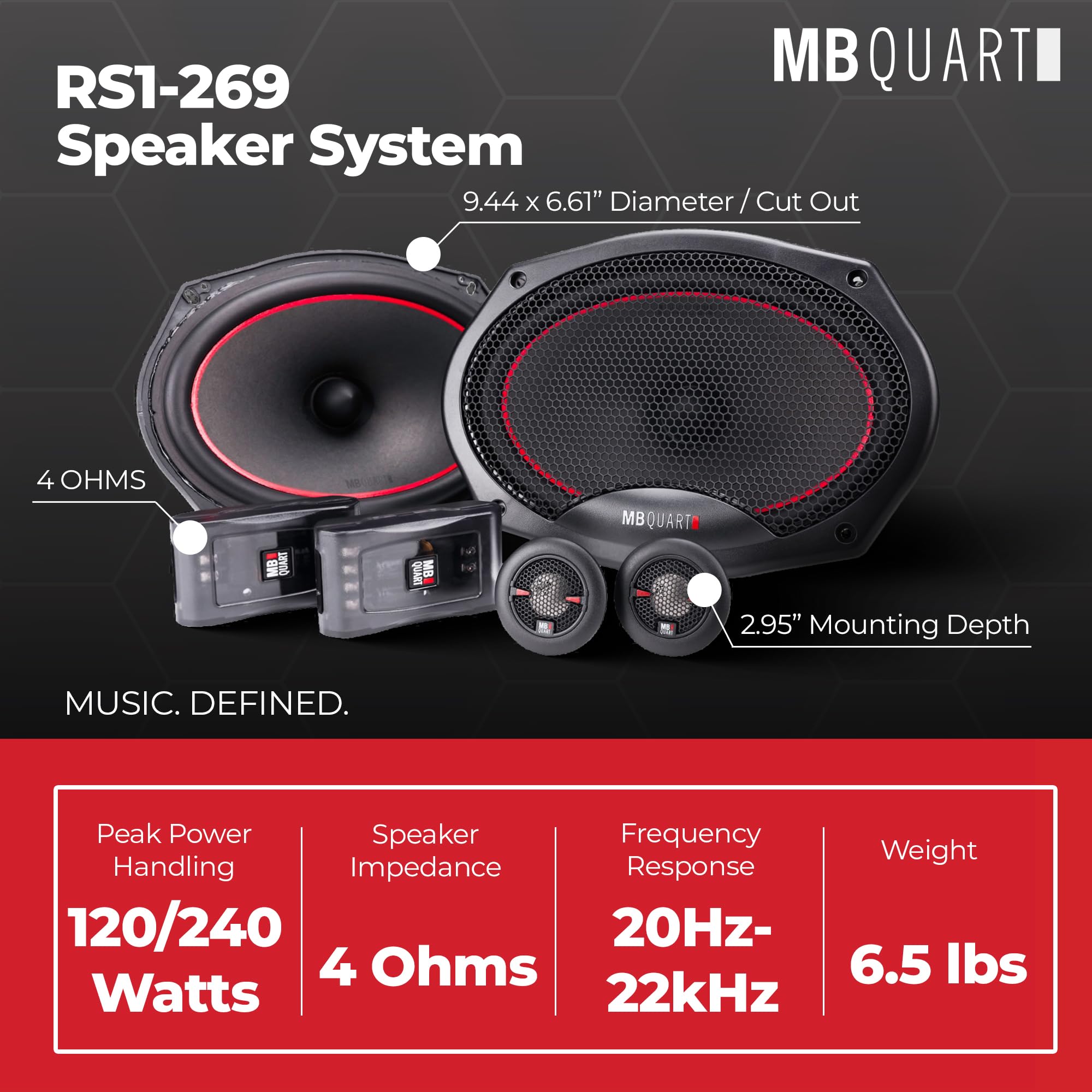 6"x9" MB Quart Coaxial Reference Car Speaker System with Lightweight Curvilinear Design, 2-Way Audio, 240W Max Output, and Universal Fit