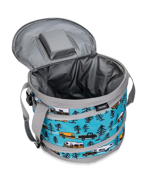 Camco Pop-Up Soft Cooler Life is Better at The Campsite - Features a Water-Resistant Interior, Built-in Bottle Opener, and RV Sketch Design - Holds Up to a 12-Pack of Bottled or Canned Drinks (53417)