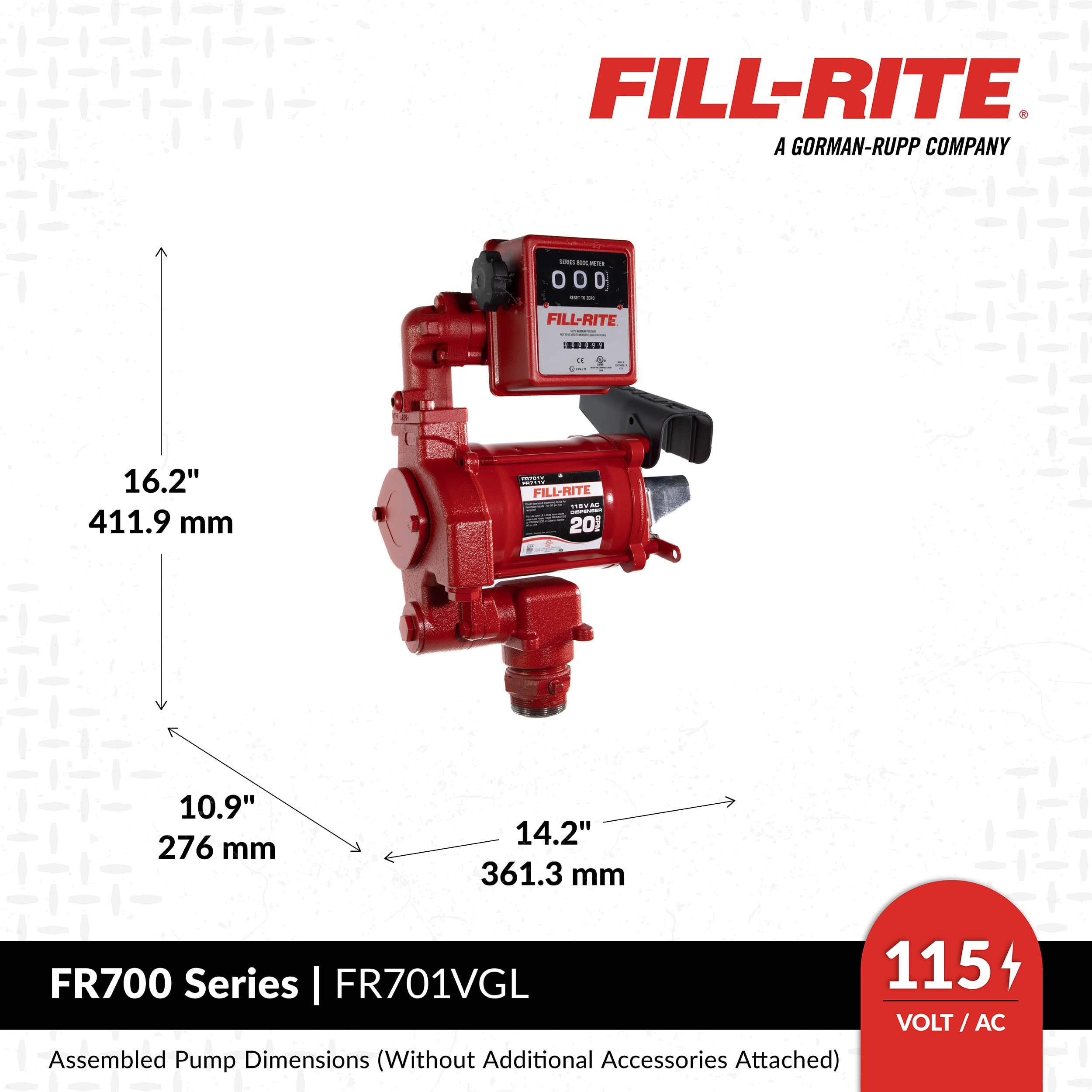 Fill-Rite 220V FR701VGL AC Pump, 3/4"x12' Hose, 1" Manual Nozzle, 807CL Meter Liter