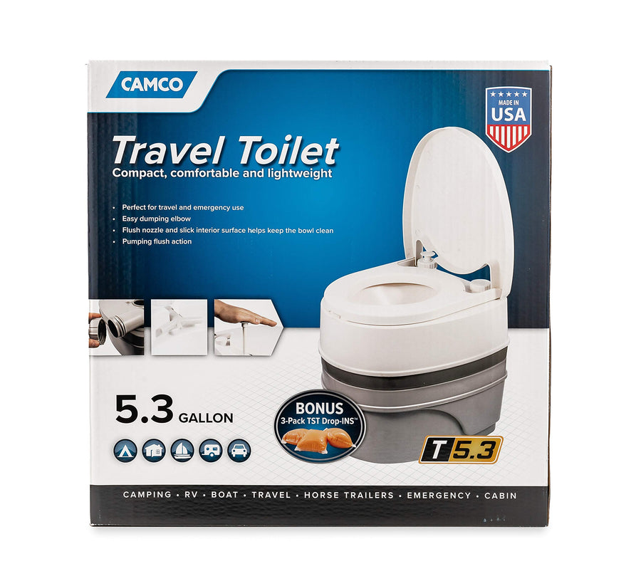 Camco Premium Portable Travel Toilet With Swivel Dumping Elbow and Three Directional Flush | Designed for Camping, RV, Boating And Other Recreational Activities - (5.3 gallon) (41545),White