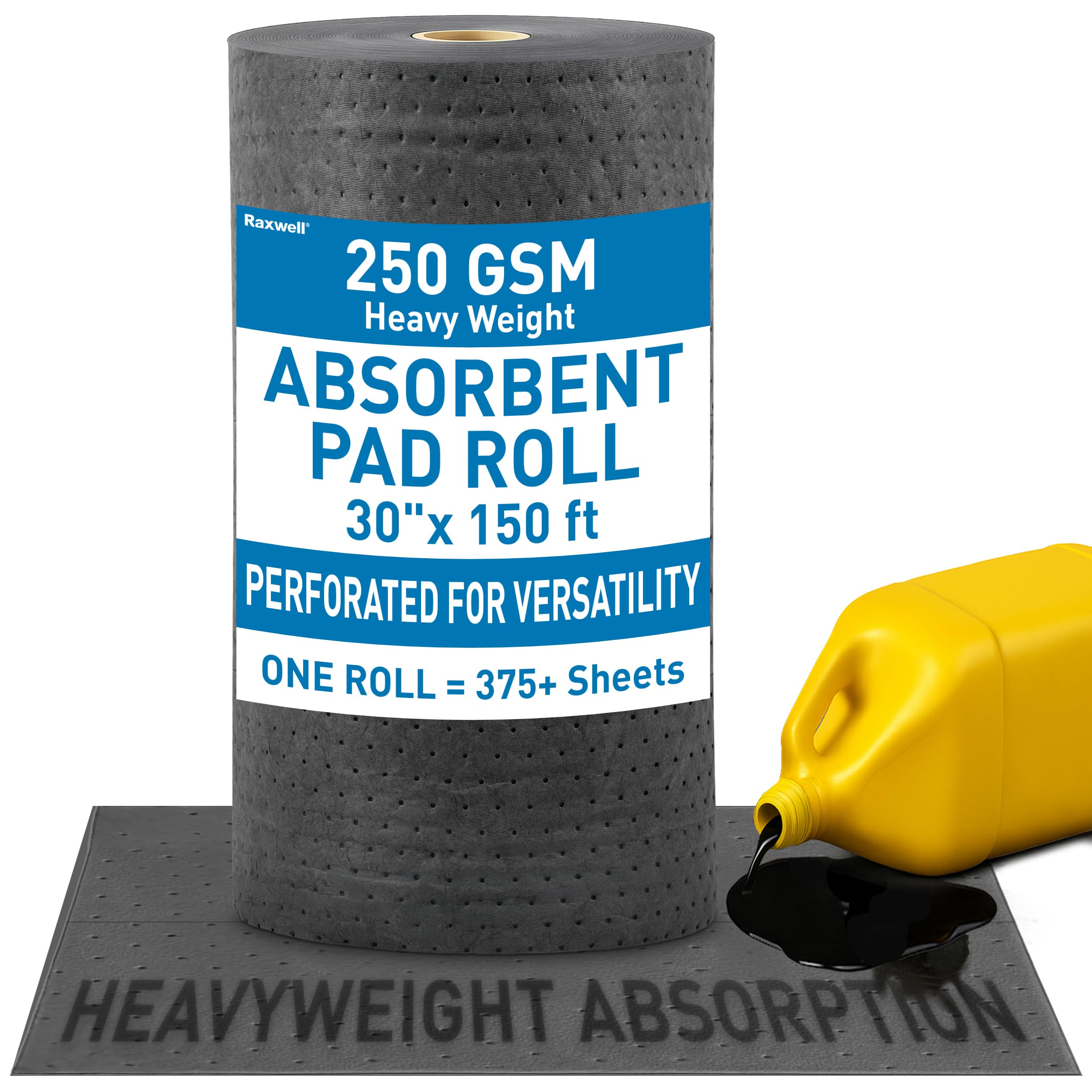 Universal Raxwell Absorbent Roll – 30” x 150 ft Heavyweight Spill Absorbent Pads, 250 GSM, Perforated Polypropylene Roll for Oil, Water, Coolants & Chemical Spill Control