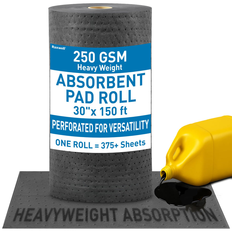Universal Raxwell Absorbent Roll – 30” x 150 ft Heavyweight Spill Absorbent Pads, 250 GSM, Perforated Polypropylene Roll for Oil, Water, Coolants & Chemical Spill Control