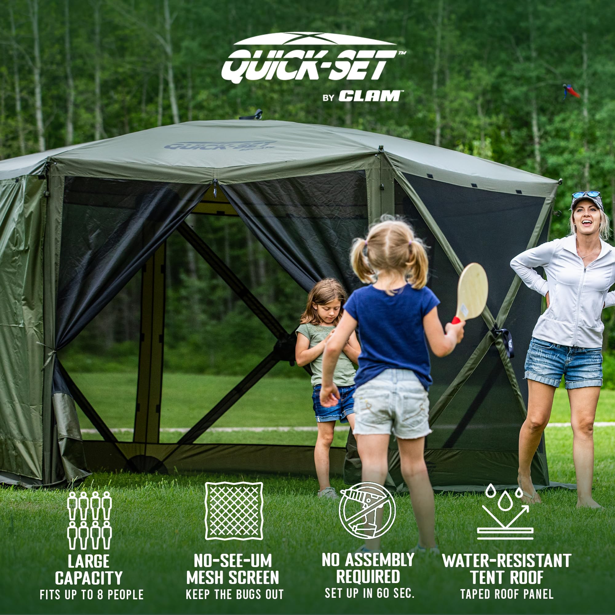 Pop Up CLAM Screen Tent, Outdoor Camping Gazebo Canopy, Escape, 11.5', Green - Heavy-Duty Portable Screened Shelter with Netting for Beach, Patio, and Backyard