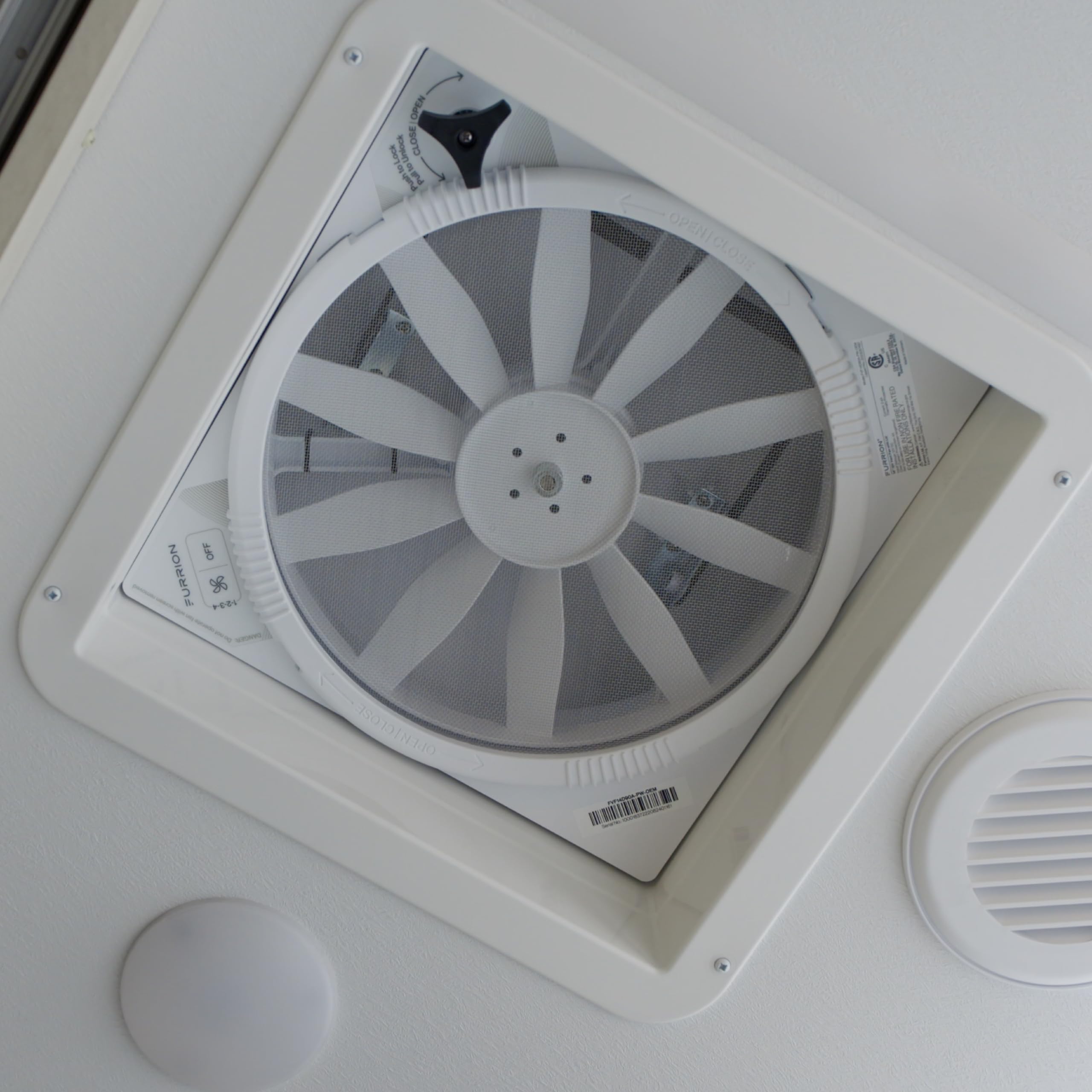 Furrion 14" RV Rooftop Vent Exhaust Fan with Lid, 10-Blade, Four Fan Speeds, Push-Button Controls, Removable Insect Screen, Flush-Mount Design for 2" to 7" Thick Roofs, White - FVF14D90R6A-PS-AM