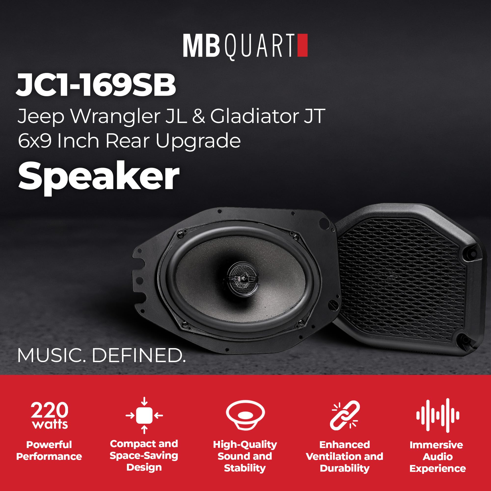 6x9-Inch MB Quart Rear Speaker Upgrade Compatible with Jeep Wrangler(JL) 2018-2023 and Jeep Gladiator(JT) 2020-2023, 220W Max, (Pair)
