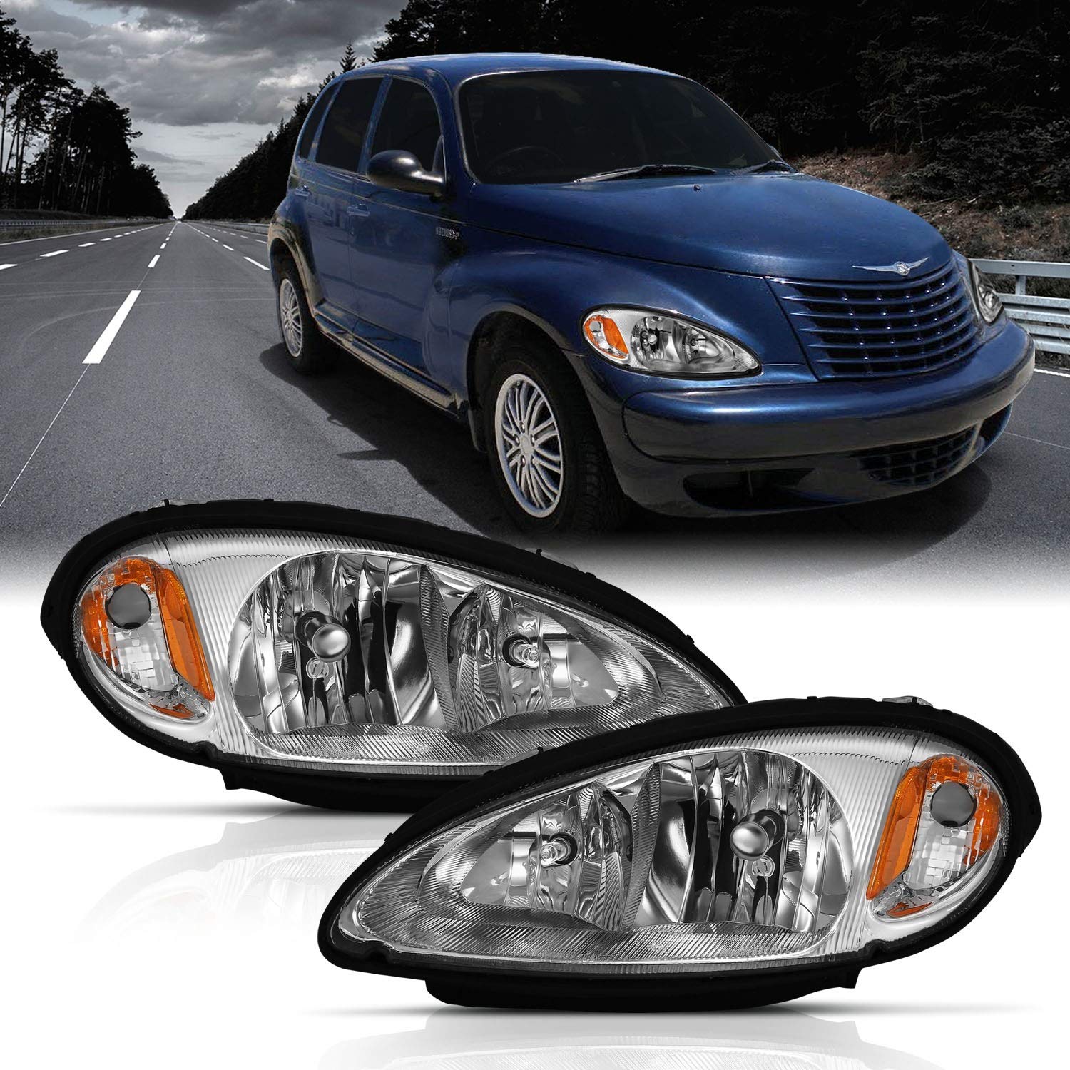 2001-2005 Chrysler Pt Cruiser ANZO (111472) Crystal Headlight Chrome Amber (OE)