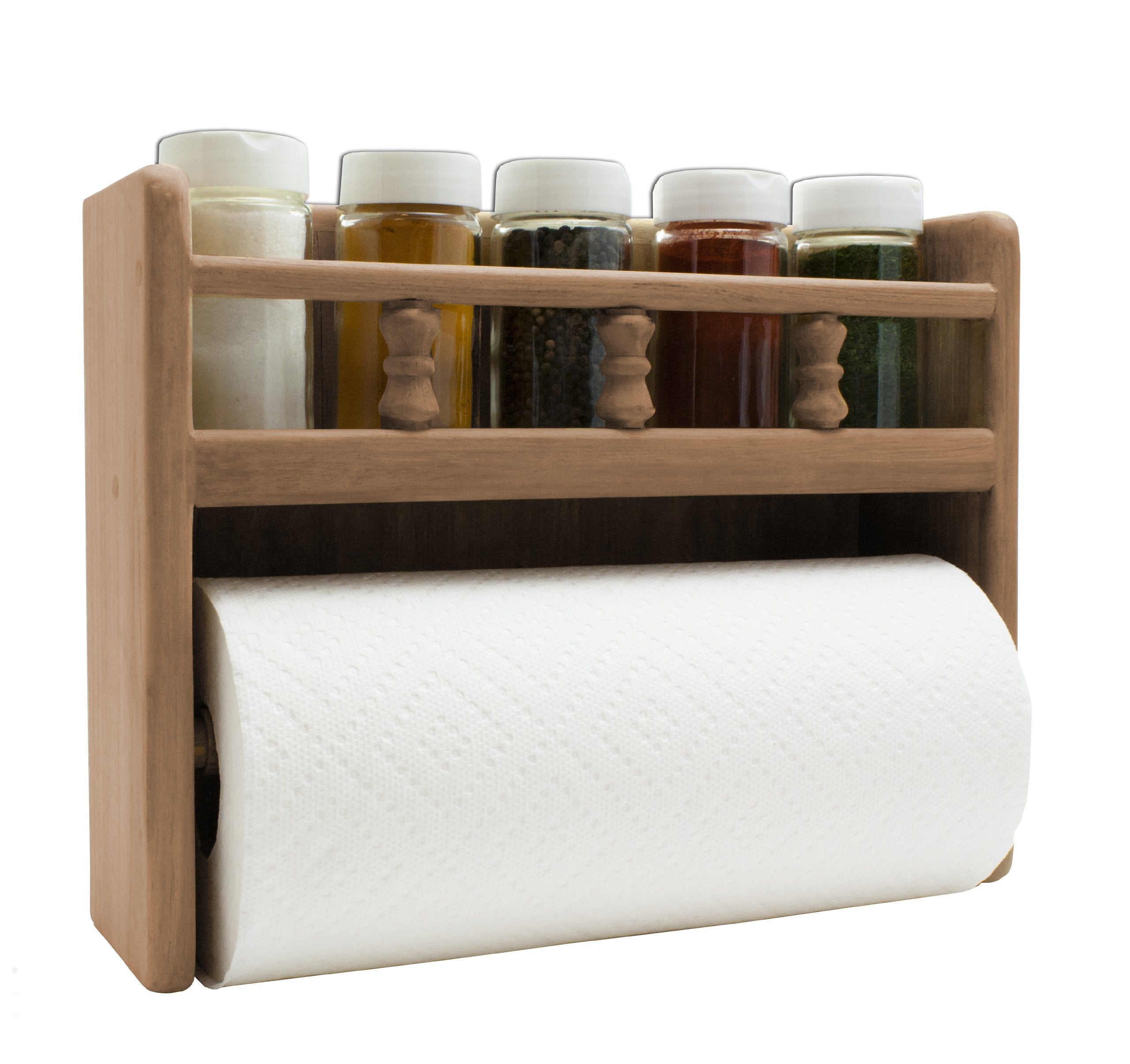 Wooden SeaTeak Spice Rack With Paper Towel Holder, 13"x 10", 100% Solid Teak Wood, Shelf Fits Up To 5 Standard Spice Bottles, Perfect For Boats, Kitchens, RV's & Campers, Nautical Look