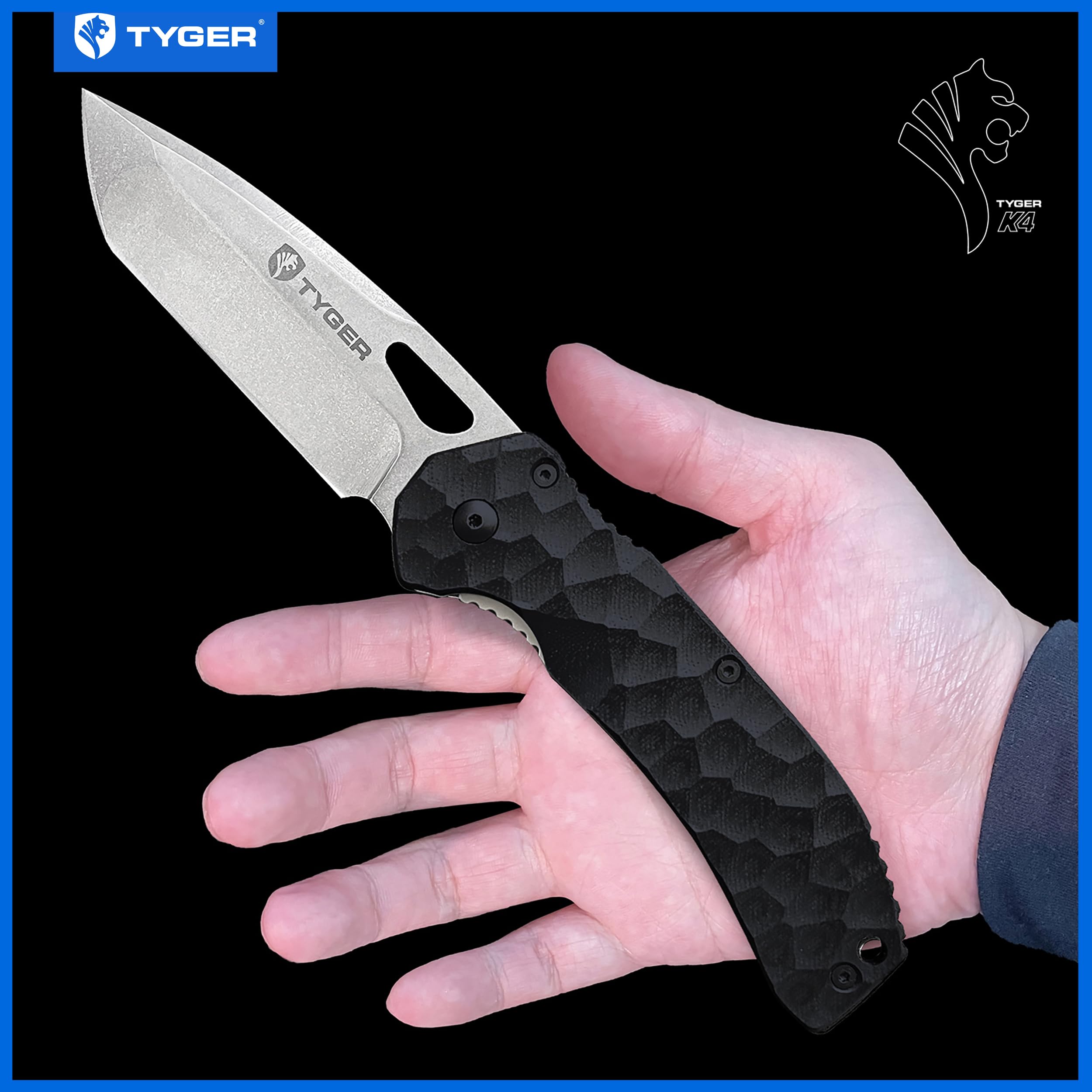 K4 Tyger EDC Folding Pocket Knife | Stone-washed AUS-8 Steel Blade | Black G-10 Handle | TG-KF7A2837