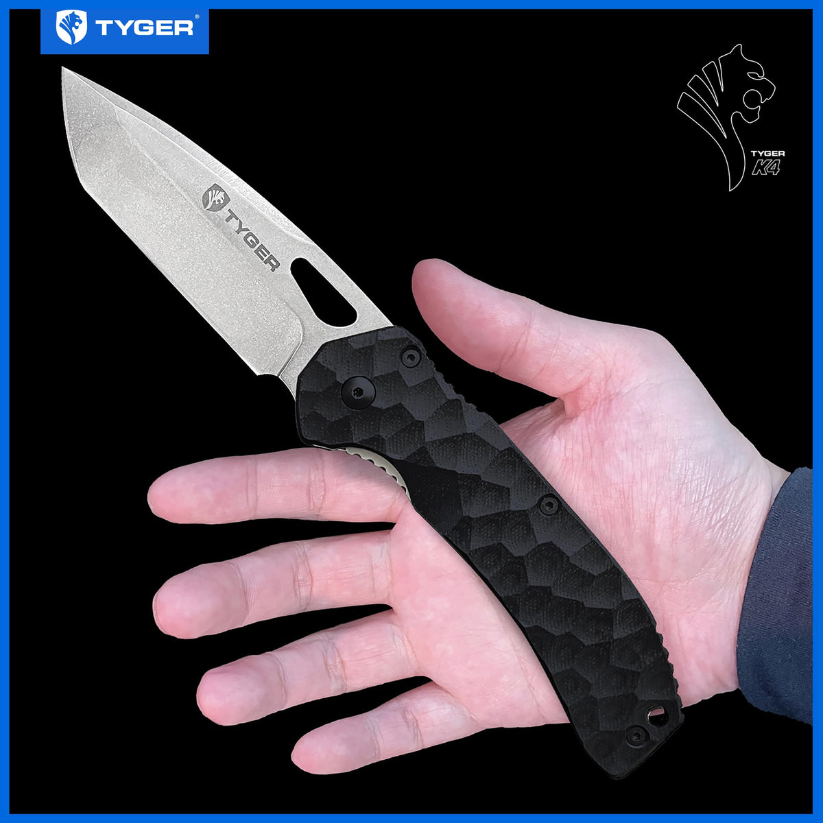 K4 Tyger EDC Folding Pocket Knife | Stone-washed AUS-8 Steel Blade | Black G-10 Handle | TG-KF7A2837