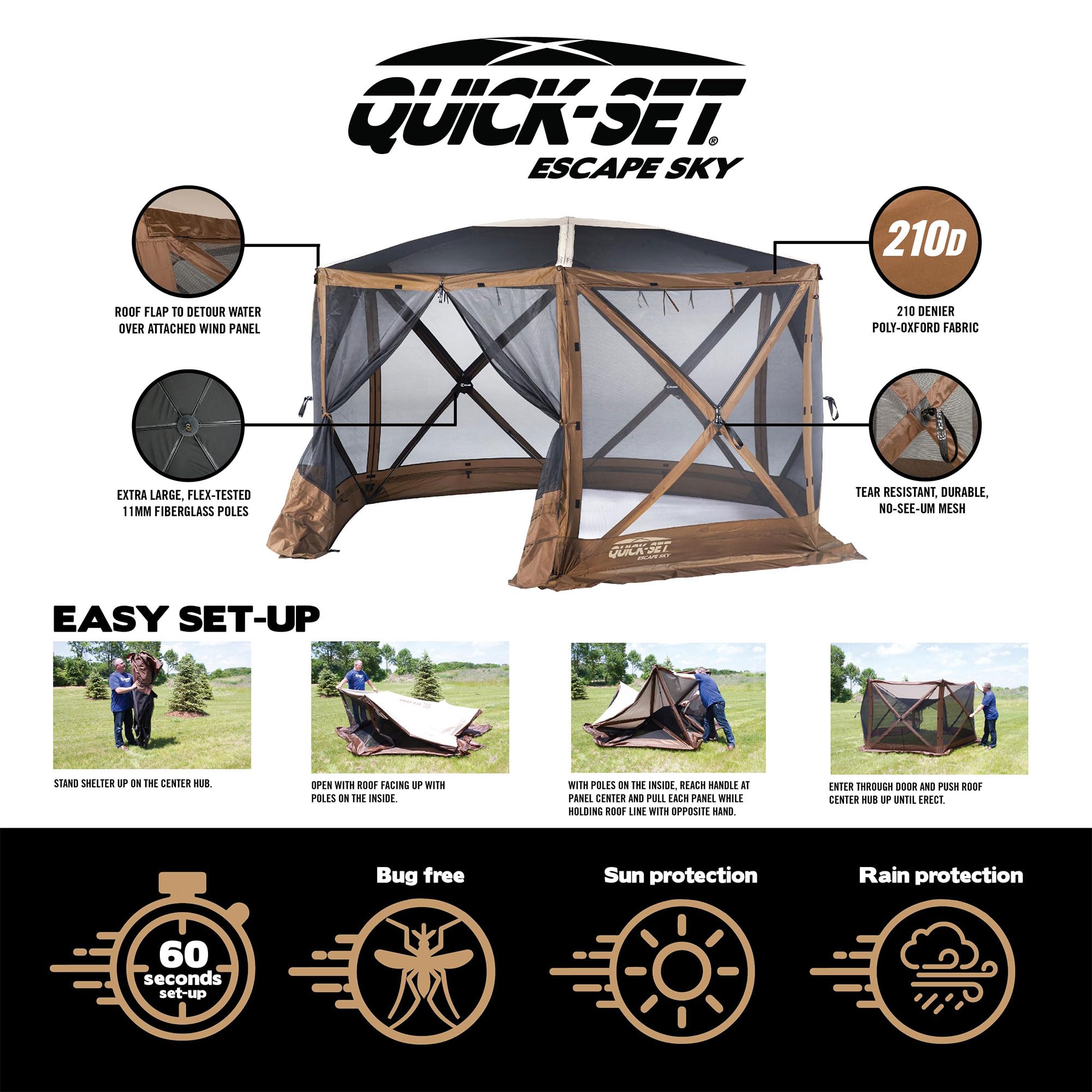 Quick-Set CLAM Escape Sky Camper 11.5’ x 11.5’ Pop-Up Outdoor Gazebo Instant Screen Tent 6-Sided Canopy Shelter w/Ground Stakes & Carry Bag, Brown